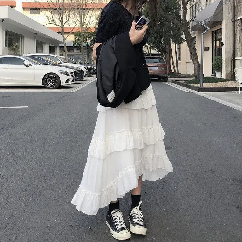 Ruffled High-Waist Skirt With Asymmetrical Cut