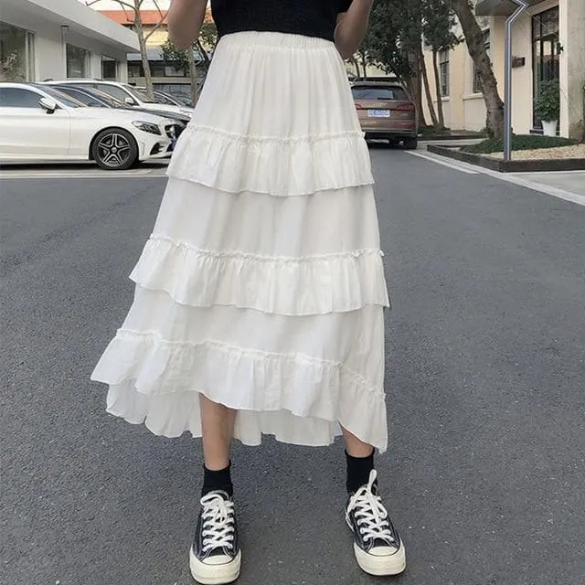 Ruffled High-Waist Skirt With Asymmetrical Cut