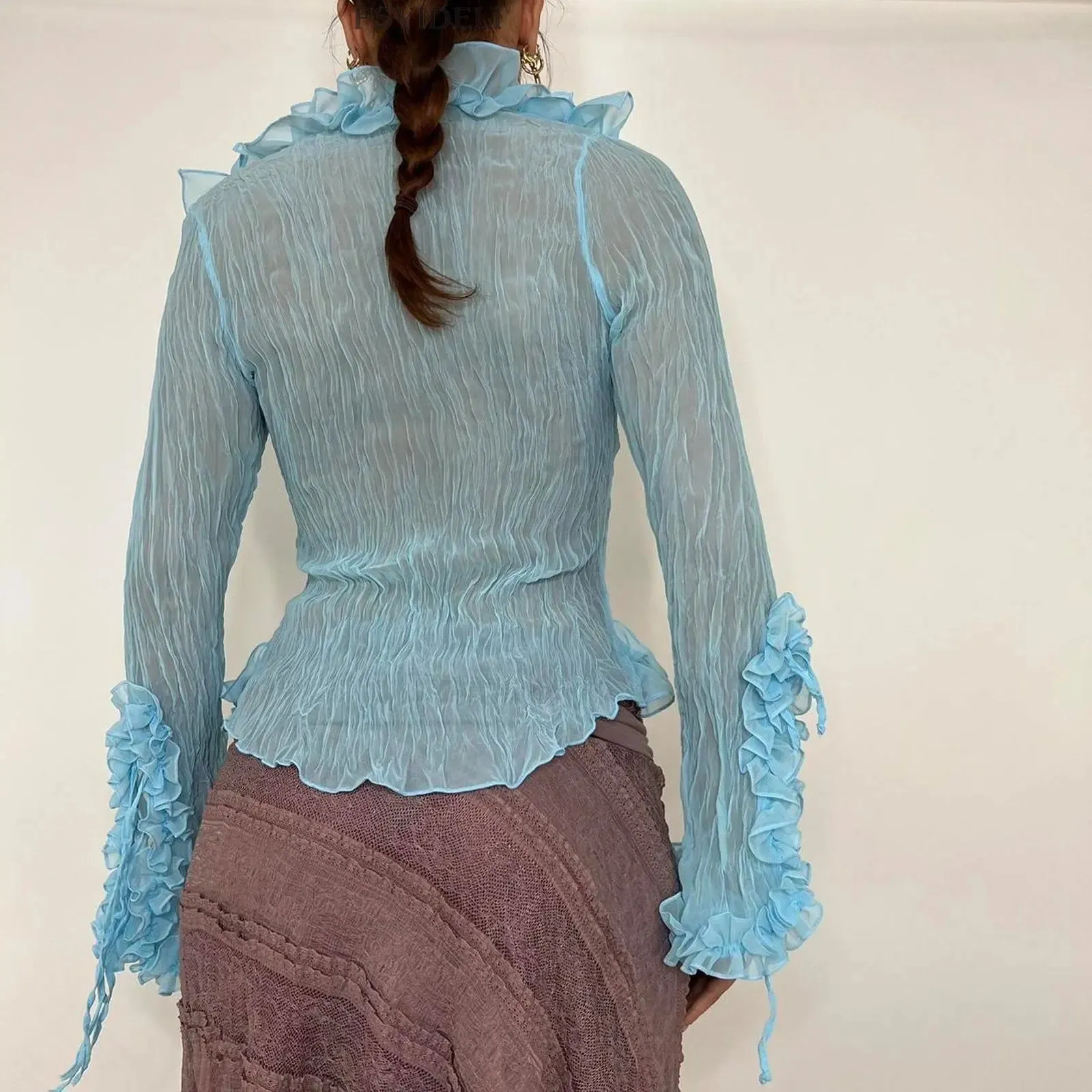 Ruffled Sheer Lace Blouse