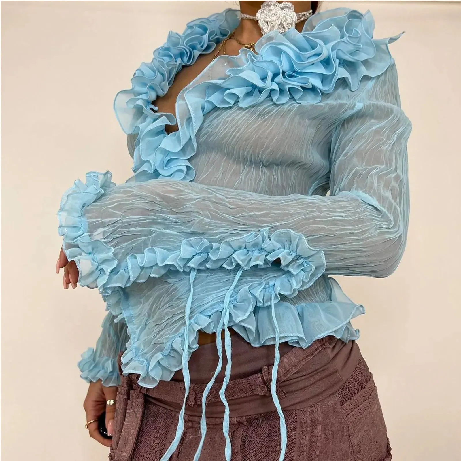 Ruffled Sheer Lace Blouse