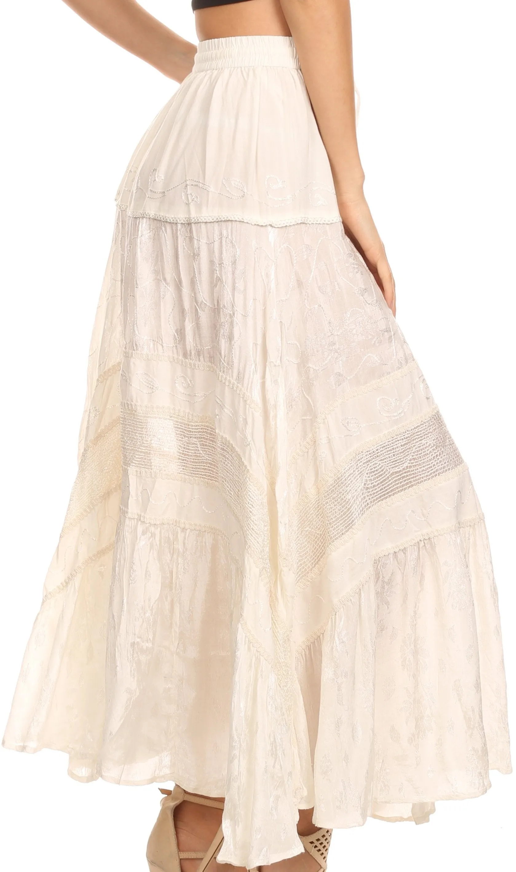 Sakkas Alber Adjustable Waist Boho Skirt With Detailed Embroidery With Ruffle Trim