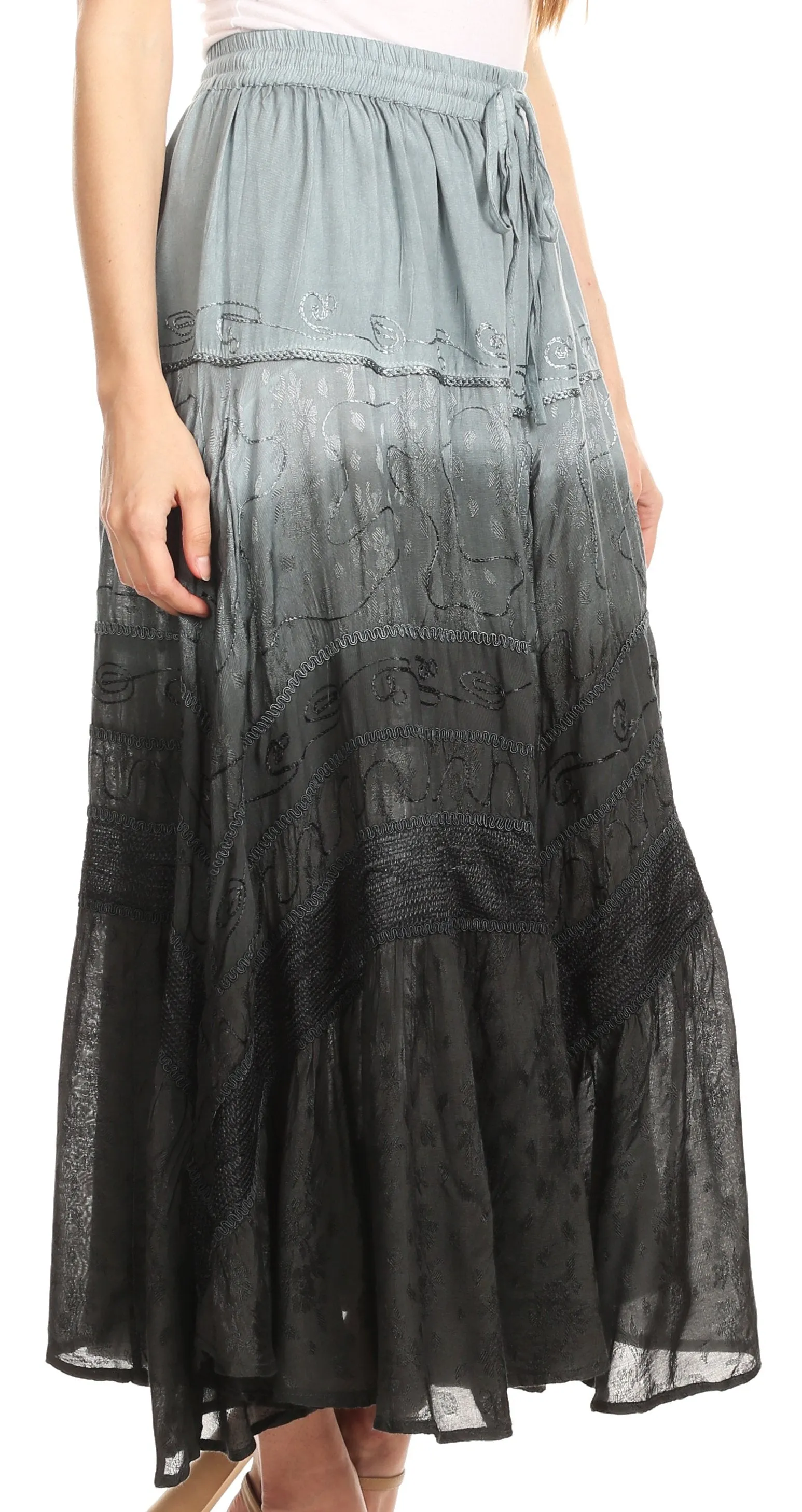 Sakkas Alber Adjustable Waist Boho Skirt With Detailed Embroidery With Ruffle Trim