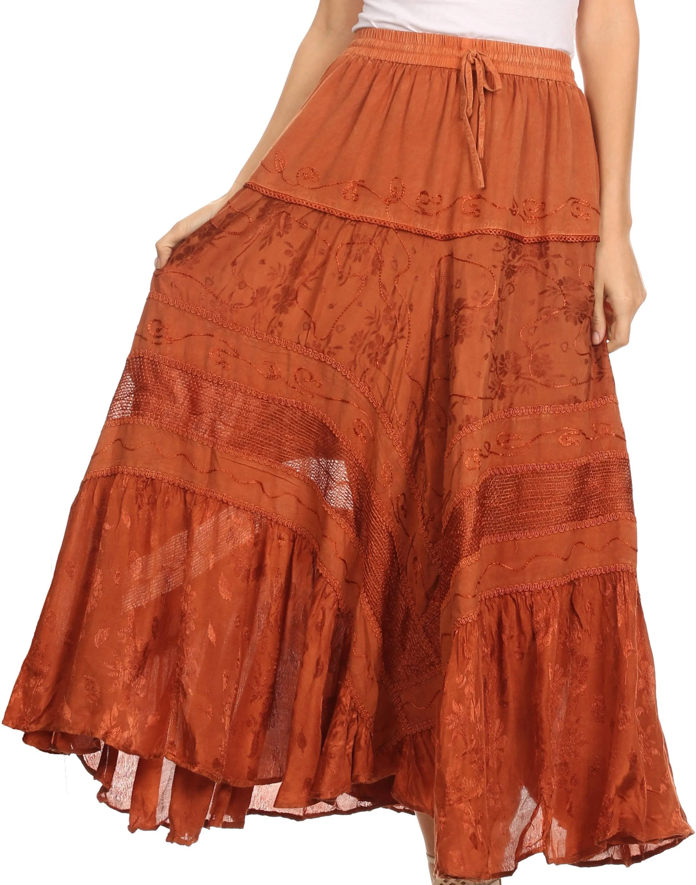 Sakkas Alber Adjustable Waist Boho Skirt With Detailed Embroidery With Ruffle Trim