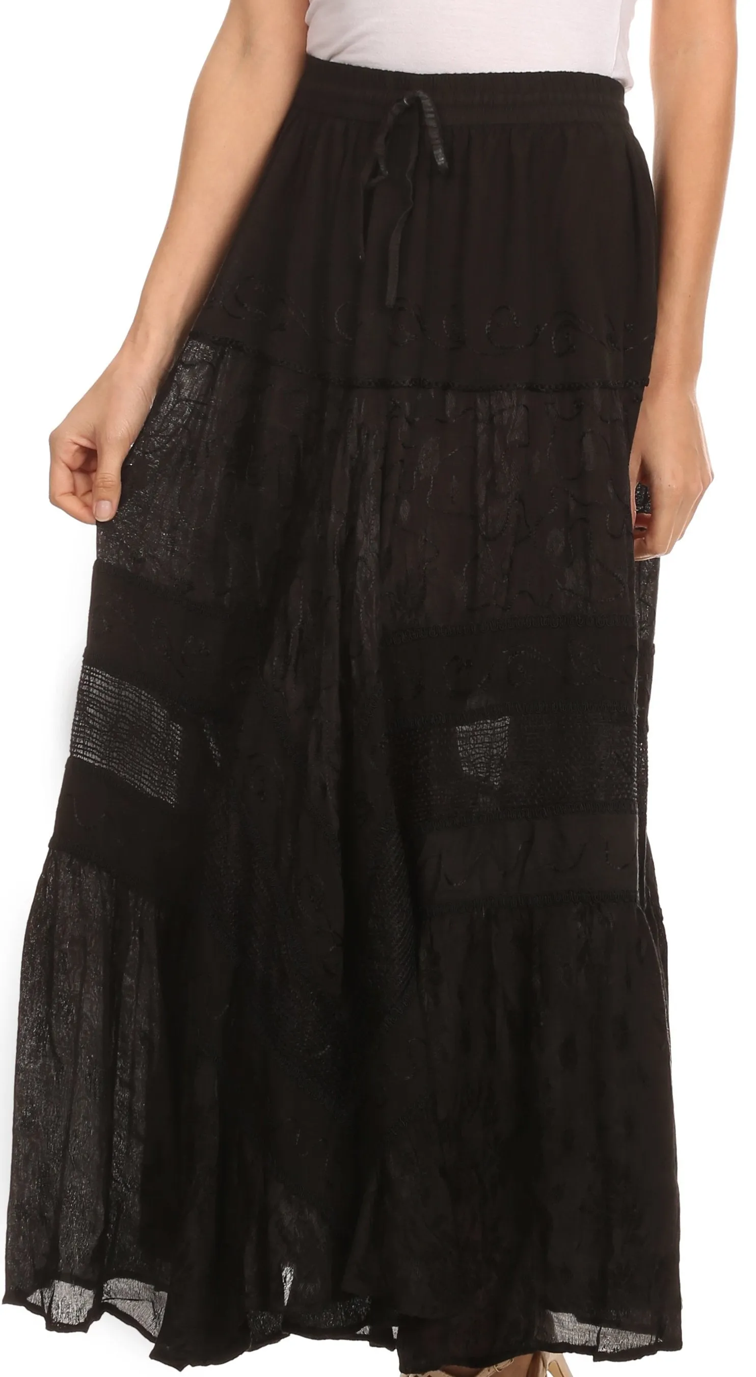 Sakkas Alber Adjustable Waist Boho Skirt With Detailed Embroidery With Ruffle Trim