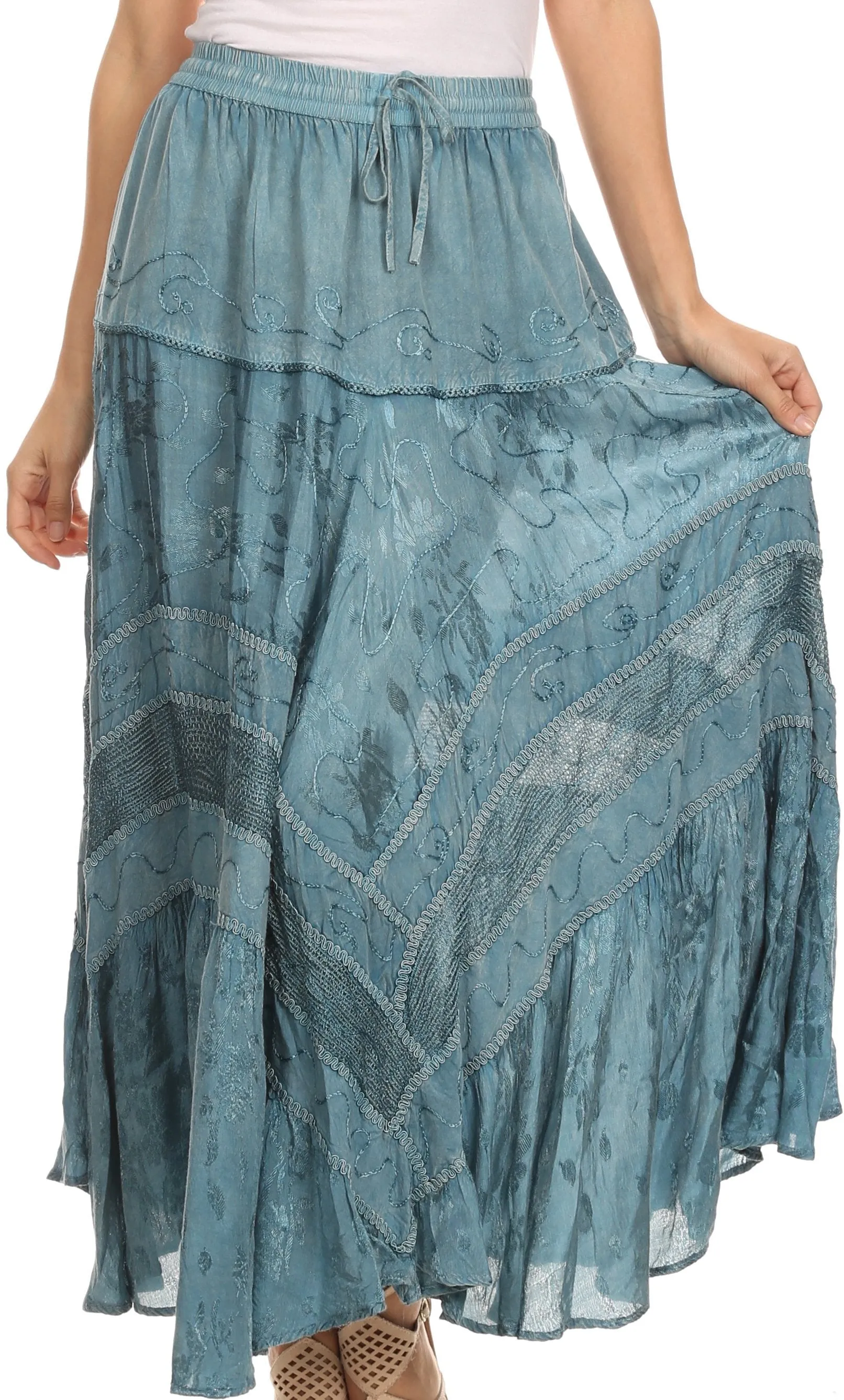 Sakkas Alber Adjustable Waist Boho Skirt With Detailed Embroidery With Ruffle Trim