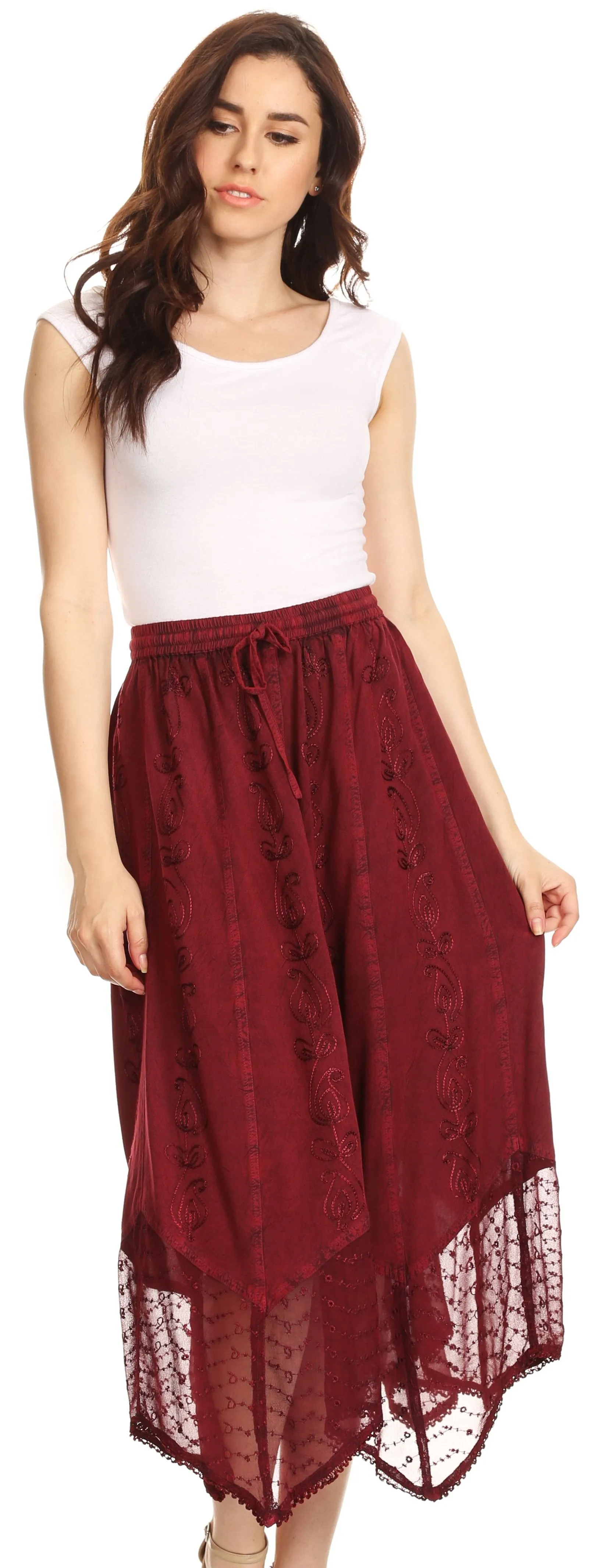 Sakkas Emma Adjustable Handkerchief  Eyelet Hem Casual Skirt with  Embroidery