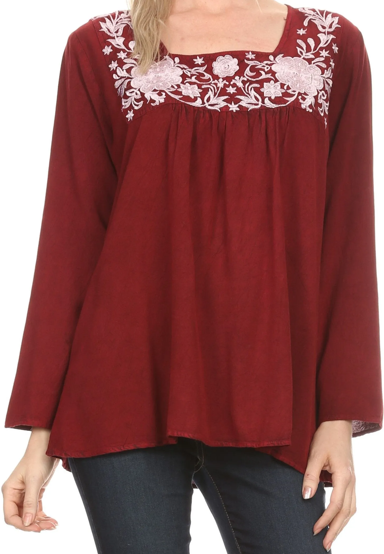 Sakkas Leiah Scoop U-Neck Line Floral Embroidered Long Sleeve Blouse Top/Shirt