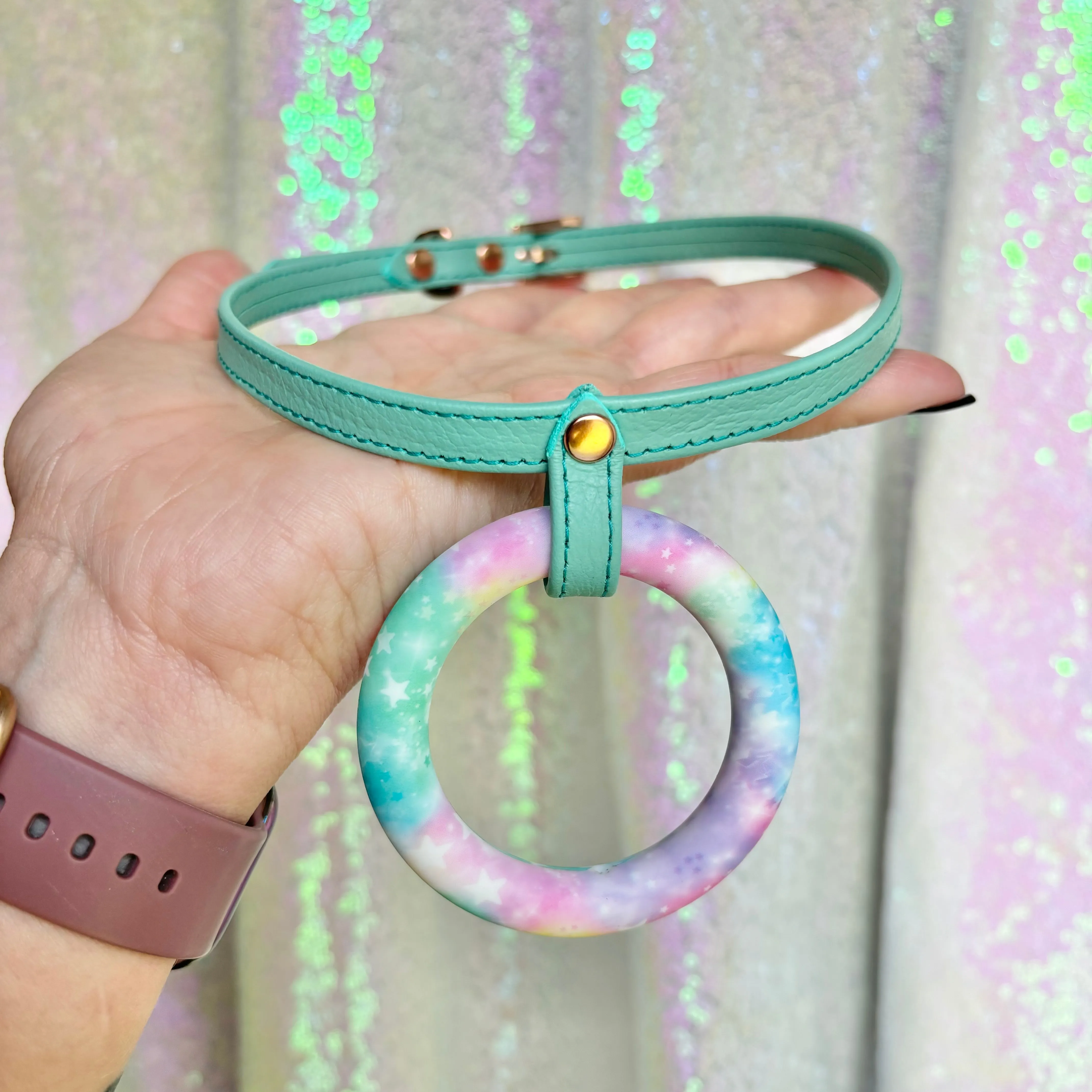 Sample Sale - Silicone Ring Mini Collar - Aqua and Rose Gold - 15"-17"