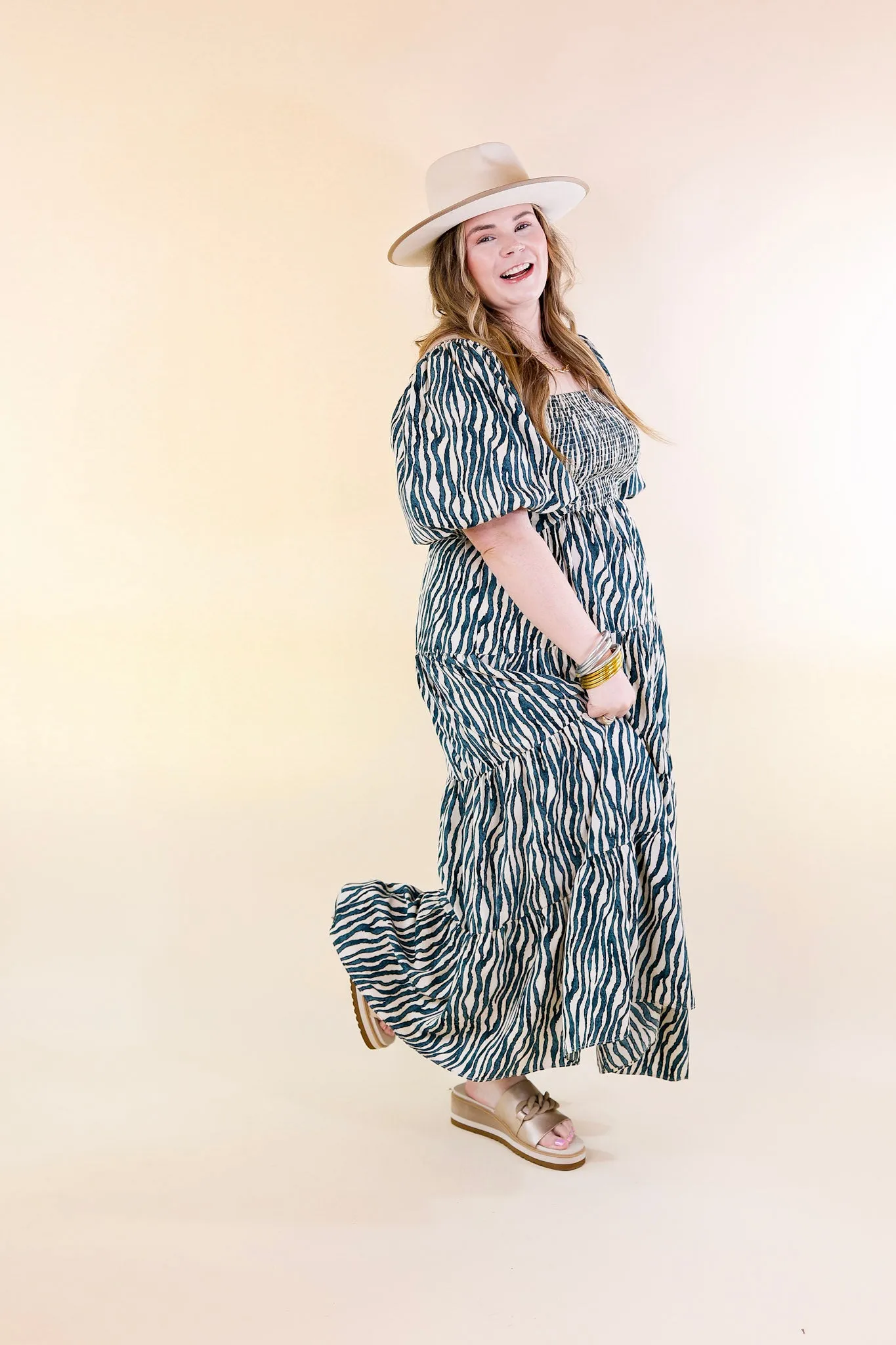 Santorini Sunshine Short Balloon Sleeve Zebra Print Maxi Dress in Teal Blue