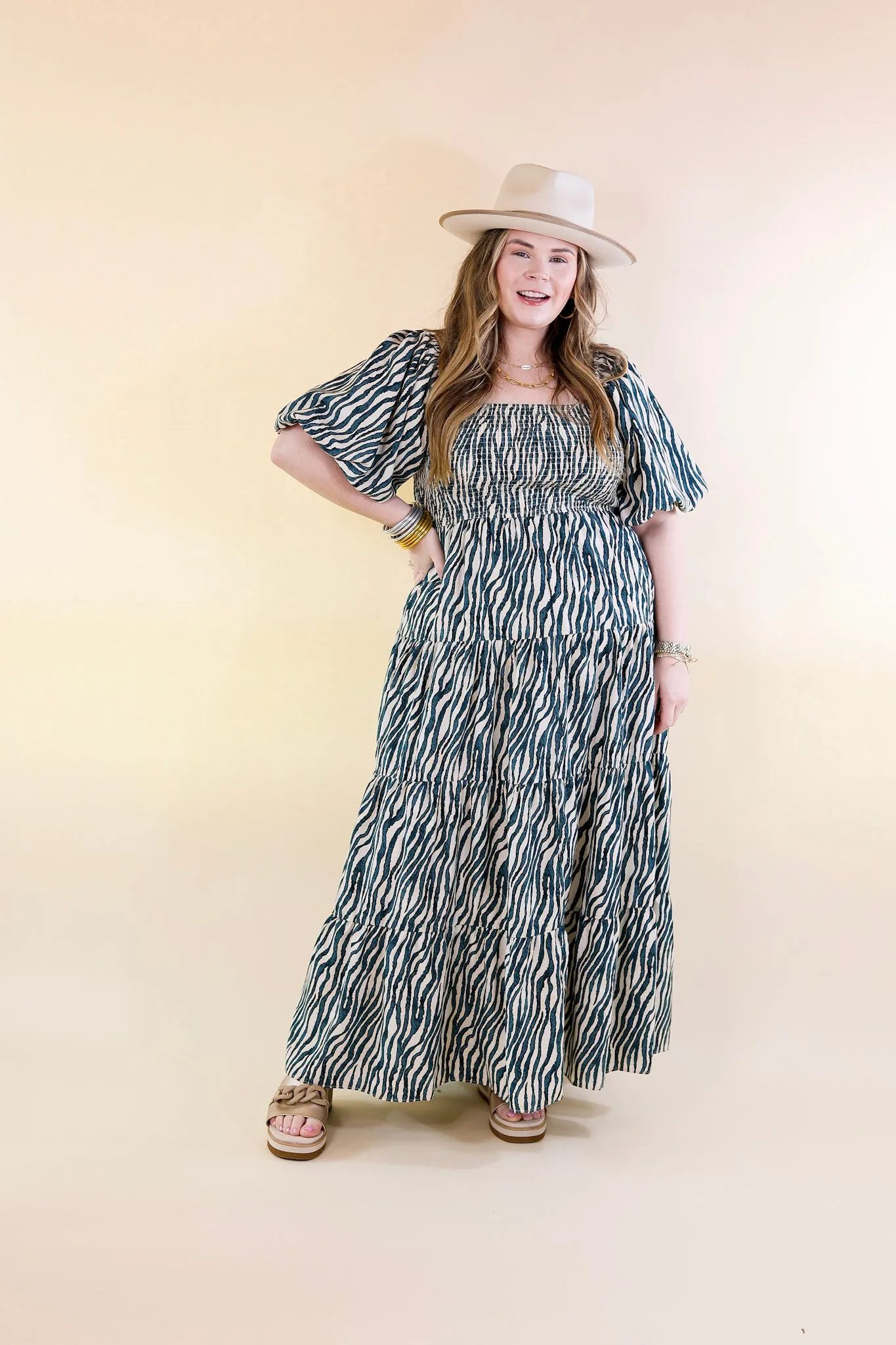 Santorini Sunshine Short Balloon Sleeve Zebra Print Maxi Dress in Teal Blue