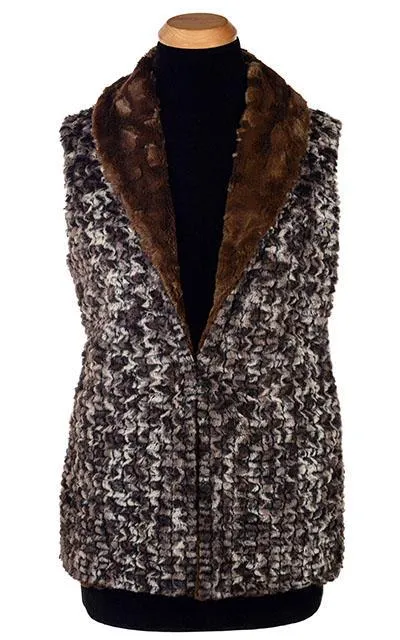 Shawl Collar Vest, Reversible less pockets - Luxury Faux Fur in Calico with Cuddly Fur in Chocolate