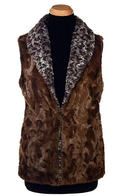 Shawl Collar Vest, Reversible less pockets - Luxury Faux Fur in Calico with Cuddly Fur in Chocolate