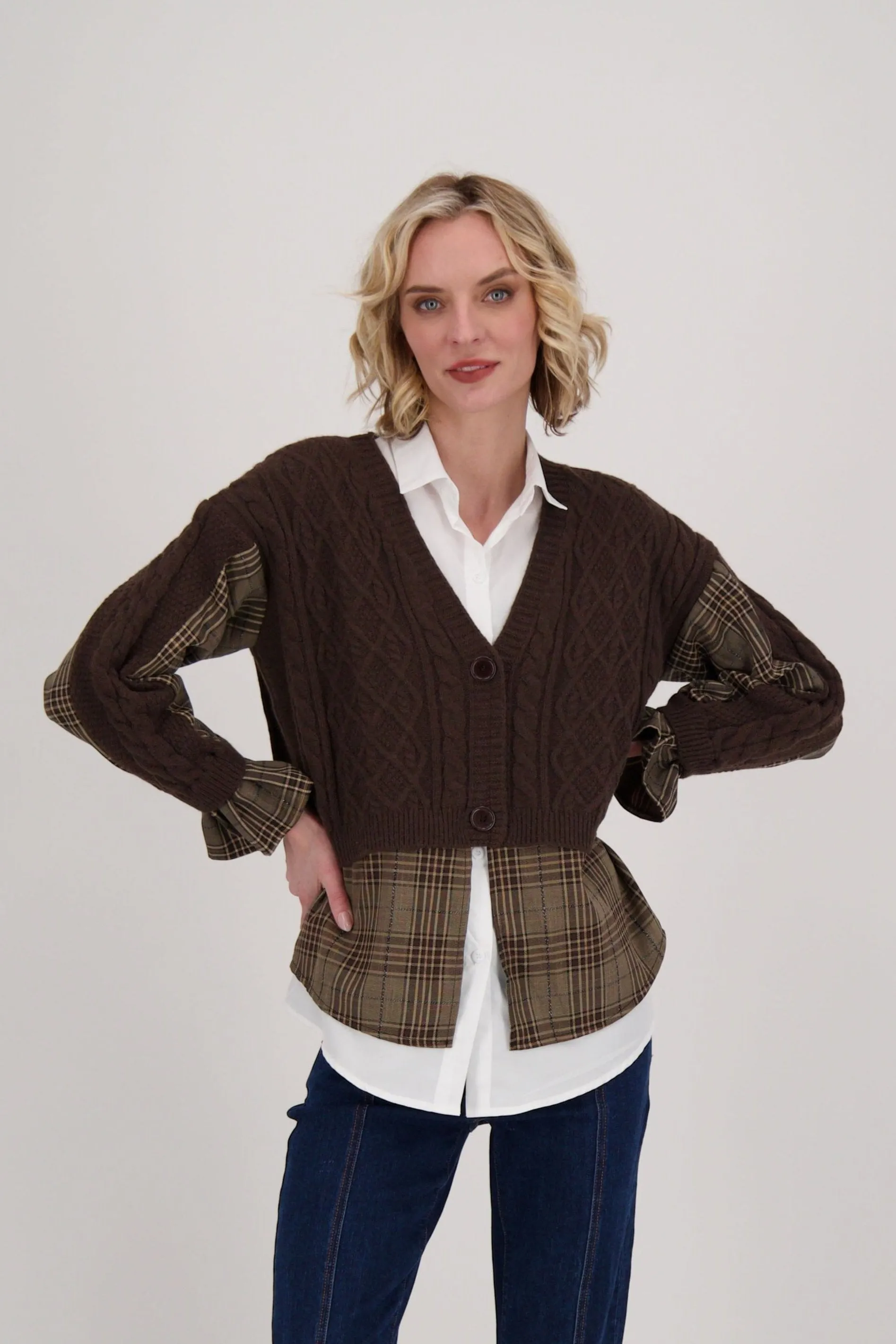 Shirt With Cable Knit Cardigan Topper