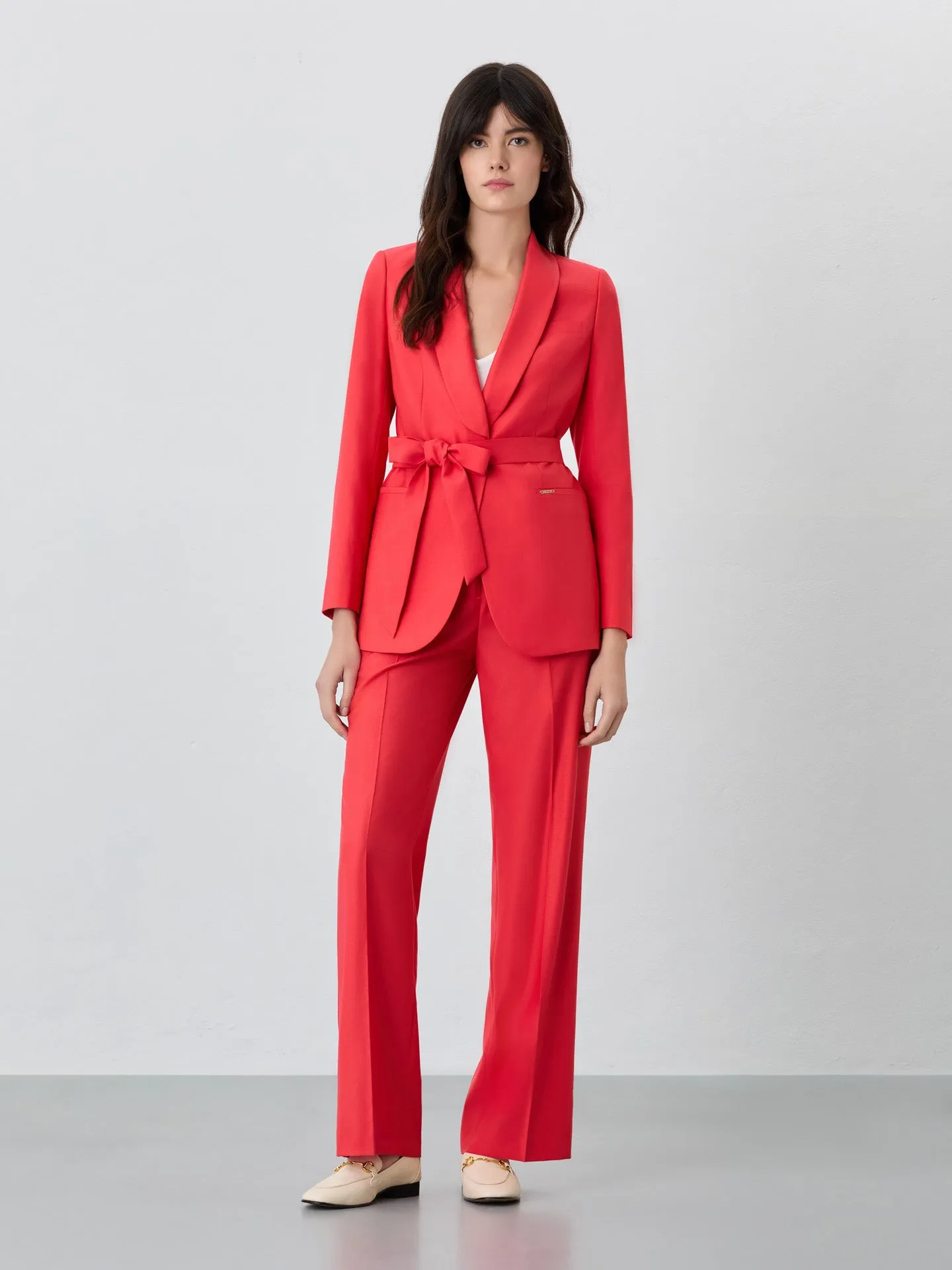 Single-Breasted Red Suit Blazer In Rayon Blend With Belt