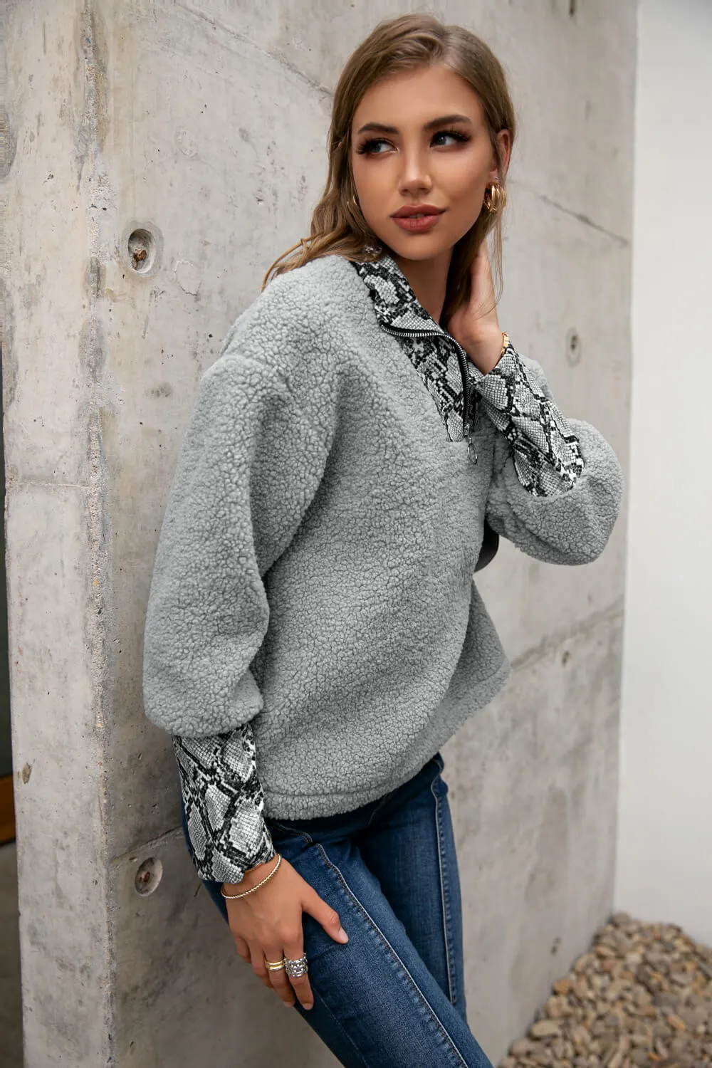 Snakeskin Print Sherpa Quarter-Zip Sweatshirt