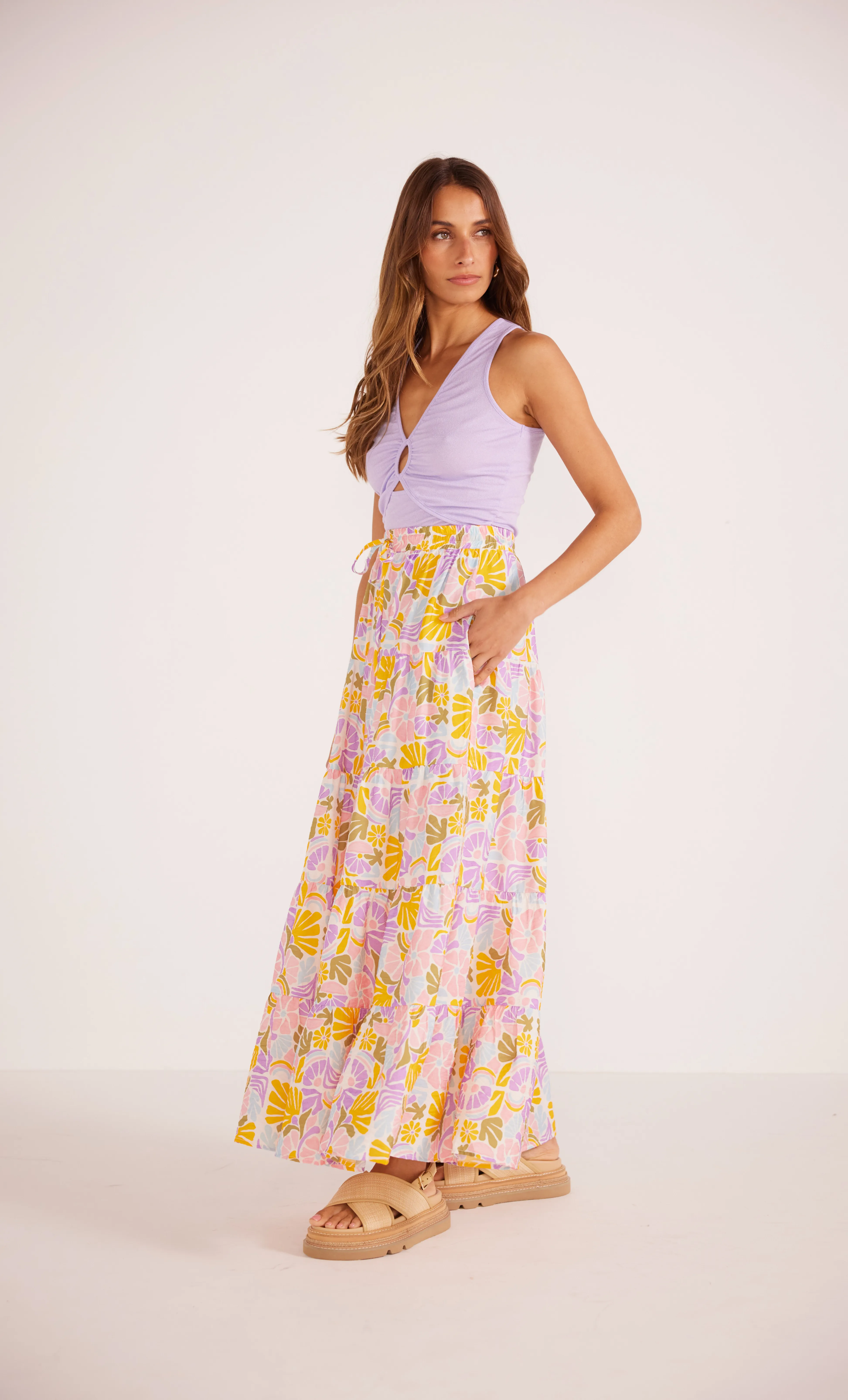 Soleil Tiered Flowy Maxi Skirt Purple Multi