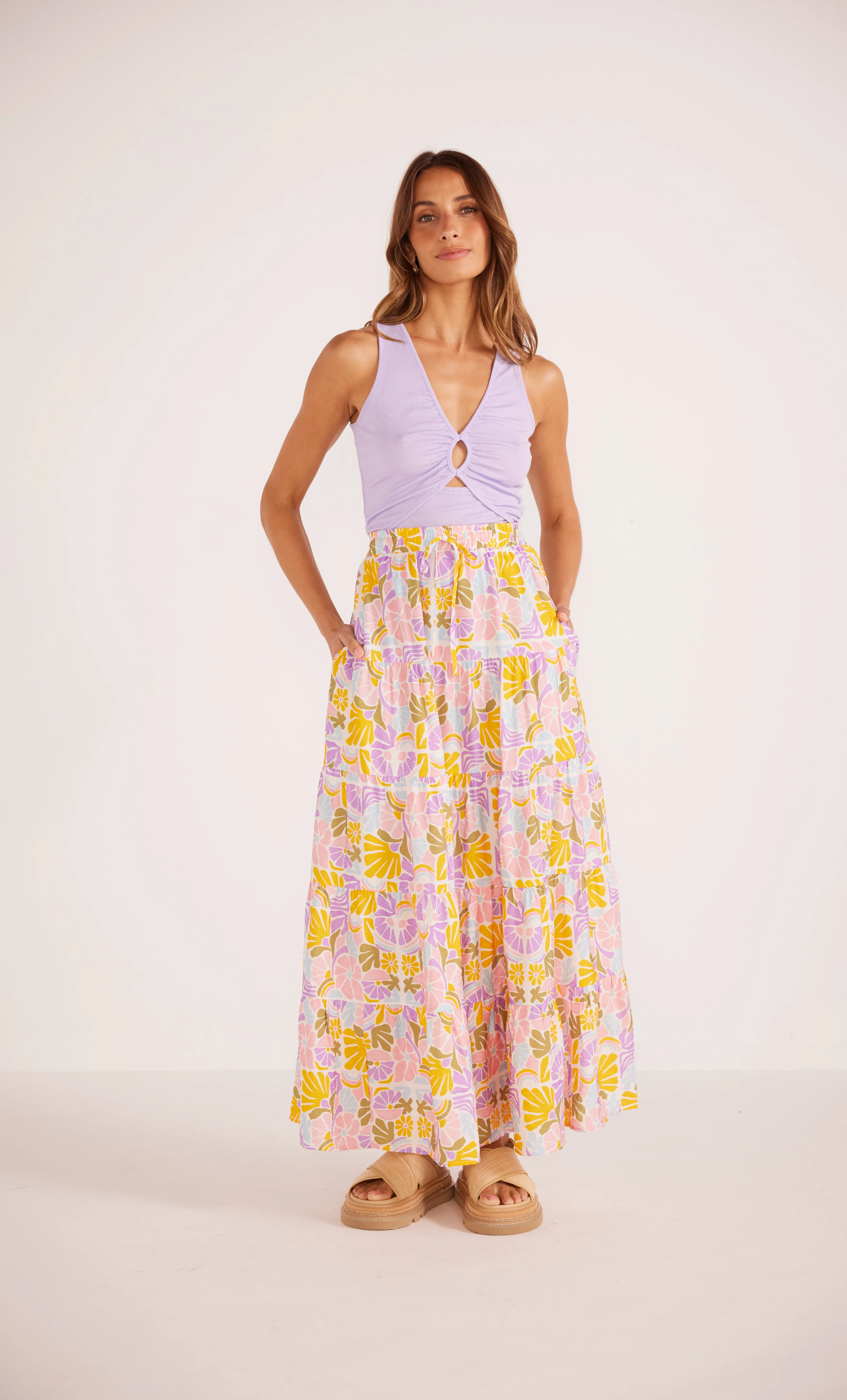 Soleil Tiered Flowy Maxi Skirt Purple Multi