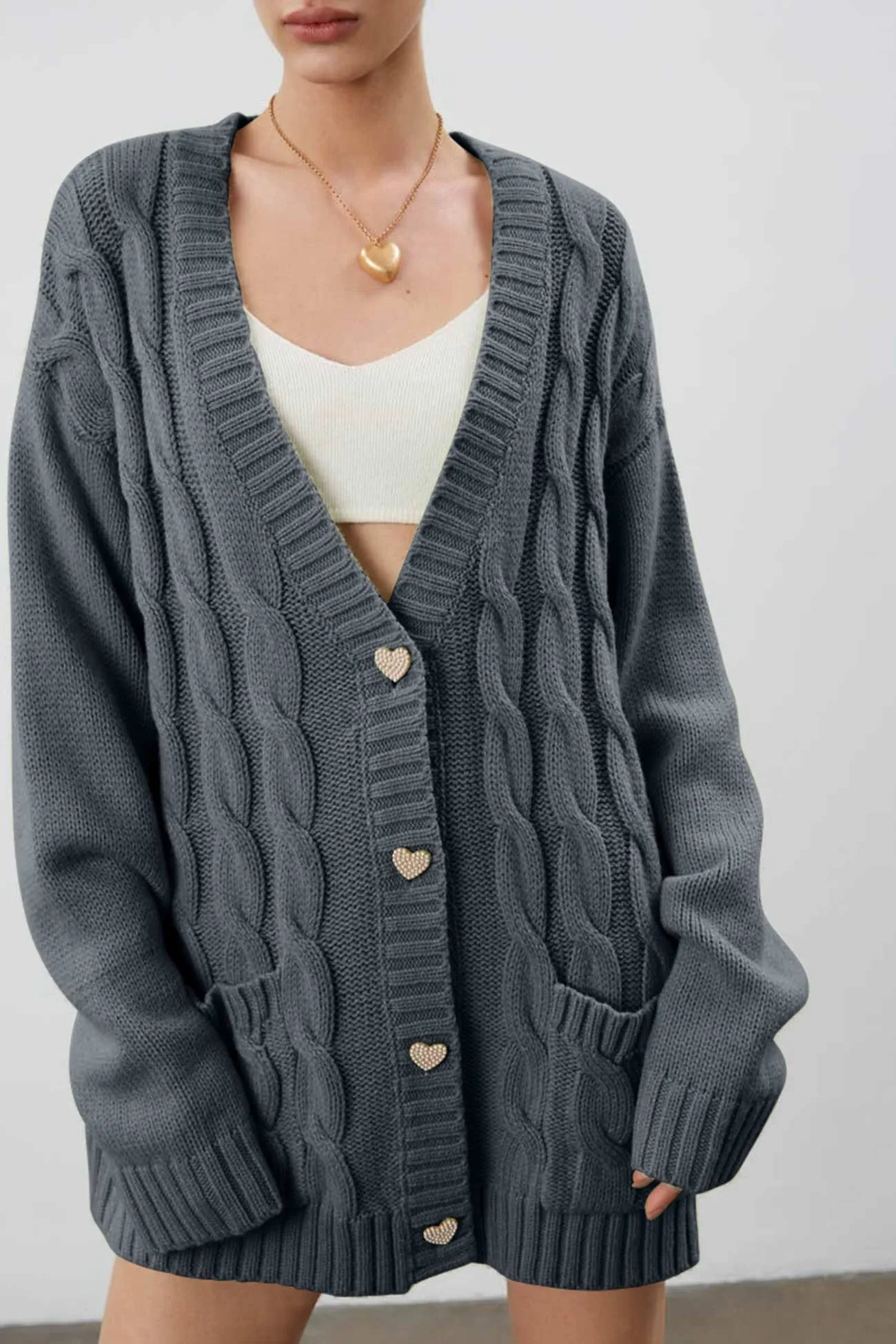 Solid Single-breasted Cable Knit Cardigan