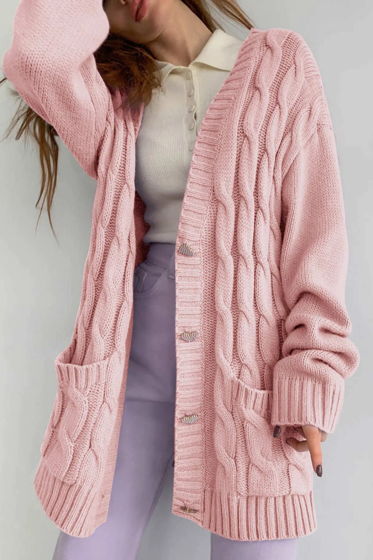 Solid Single-breasted Cable Knit Cardigan