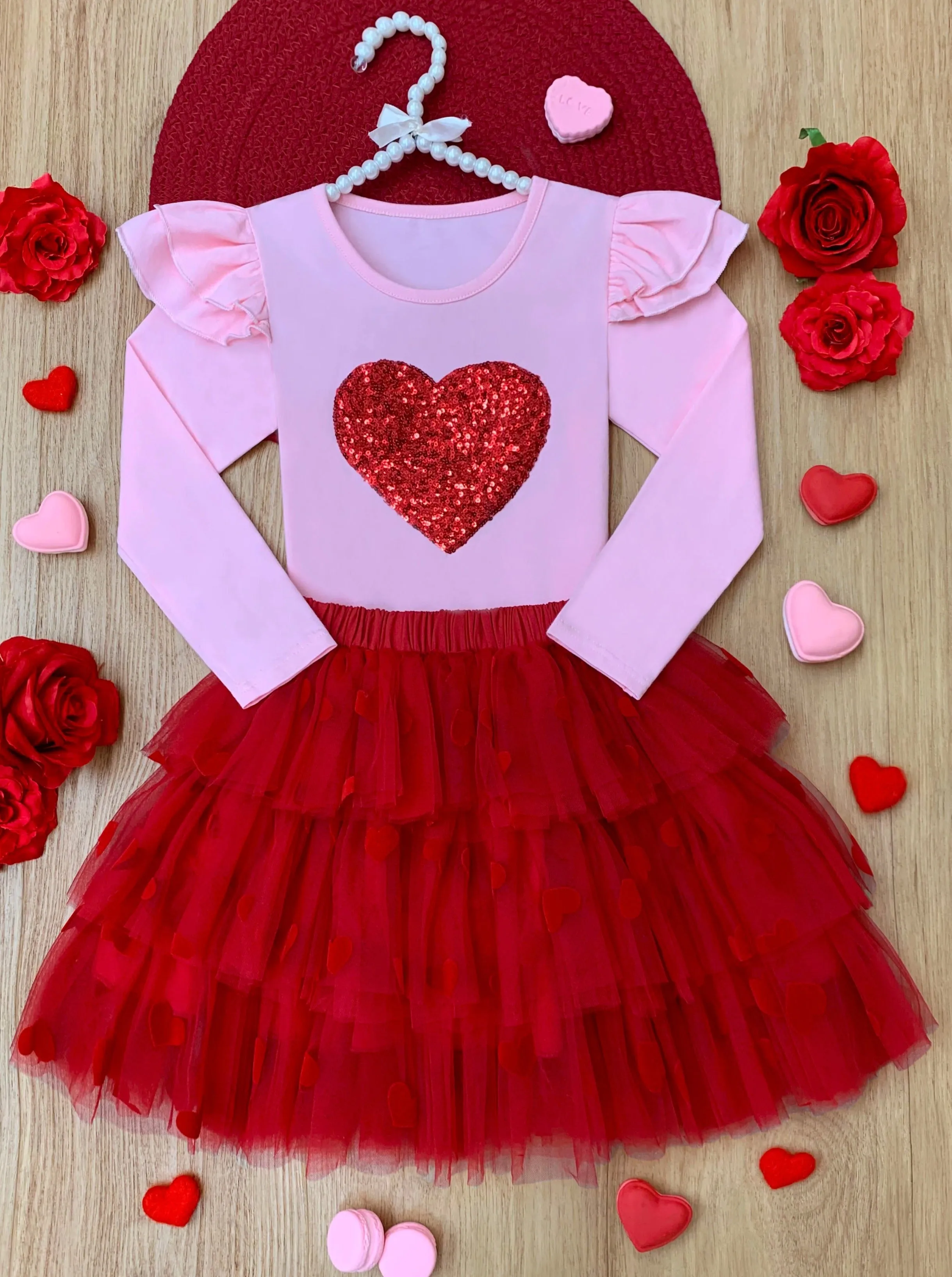 Sparkling Heart Ruffle Shoulder Top and Tiered Skirt Set