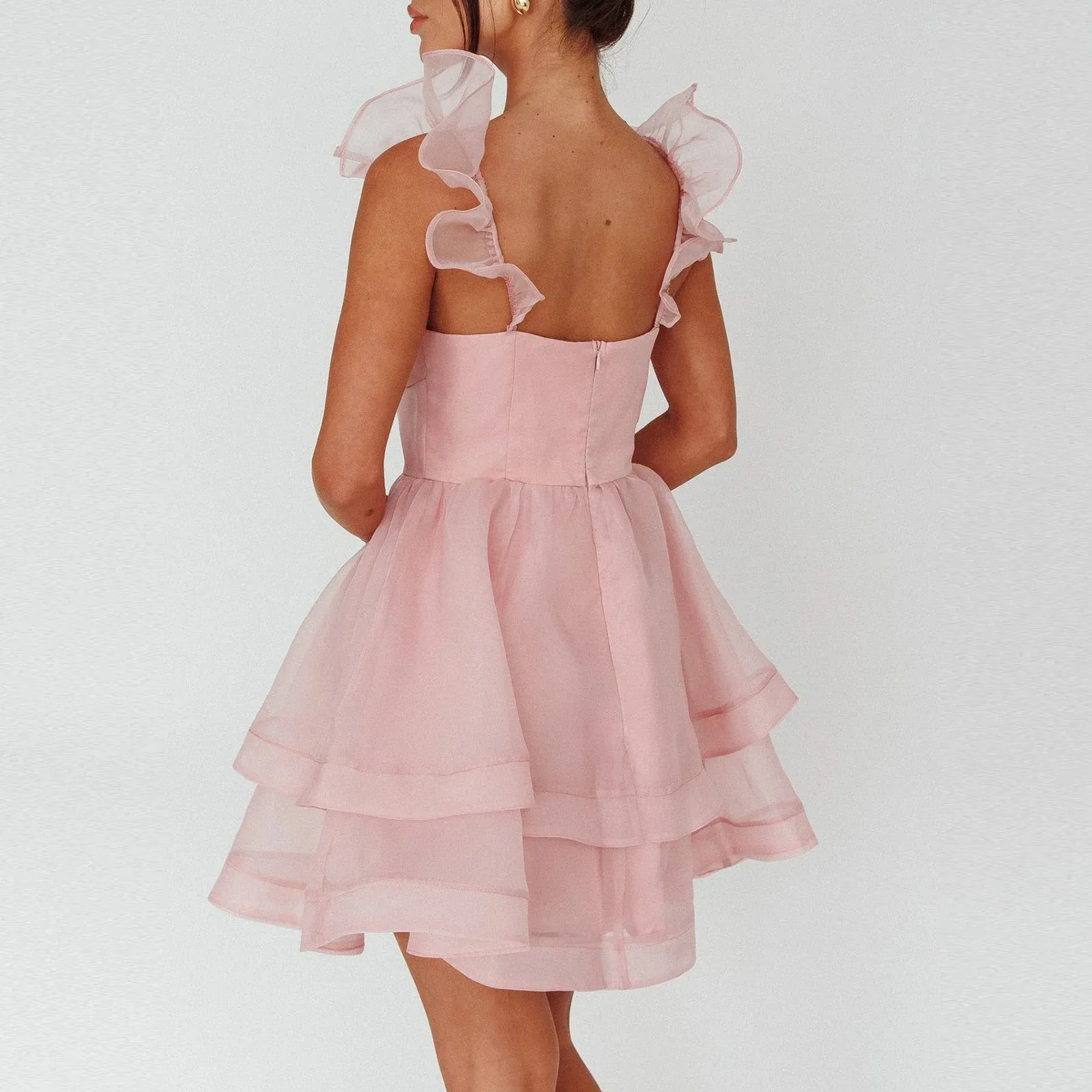 Square Neck Tulle Romantic Sheer Smocked Puffy Ruffle Backless A-Line Dress for Women