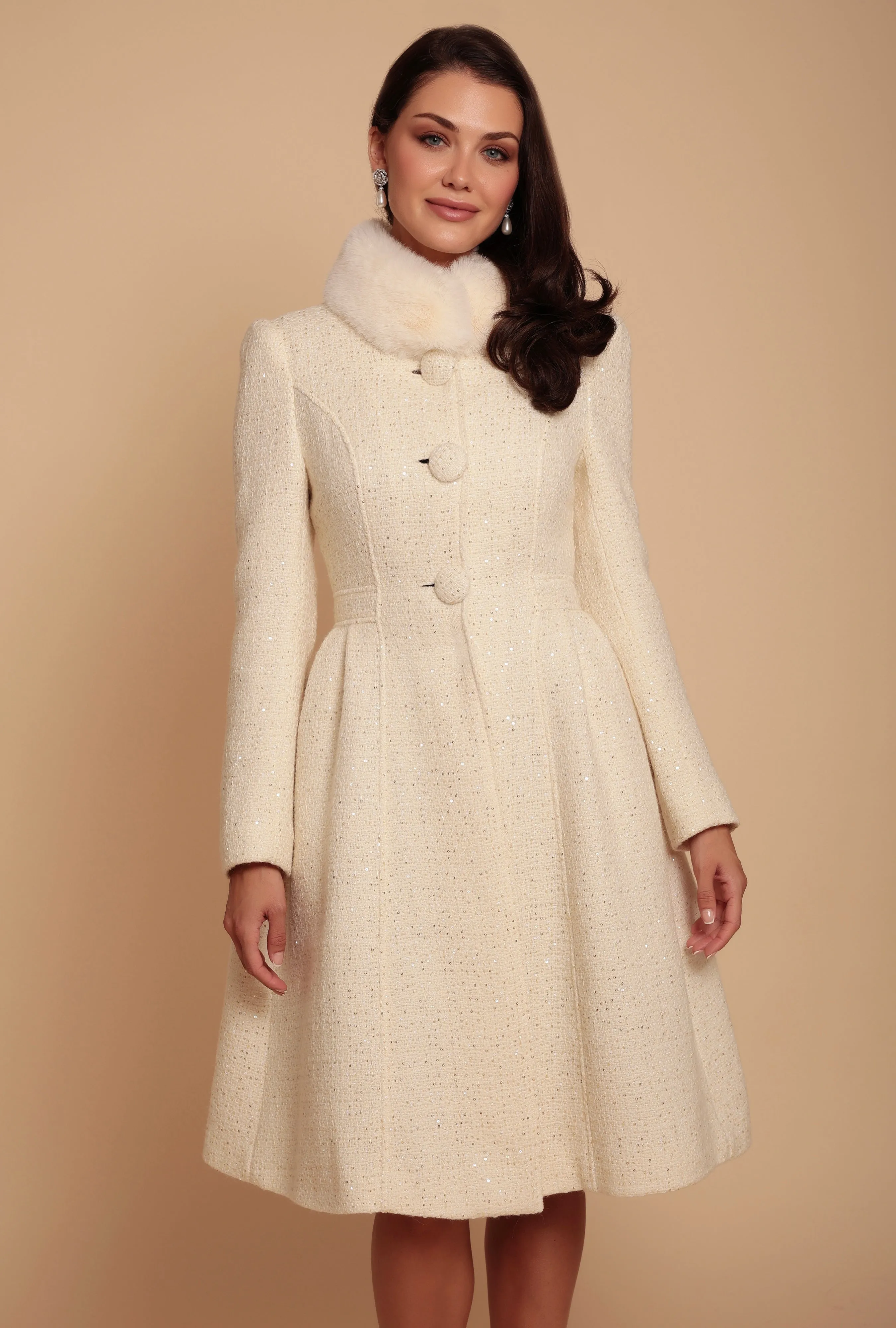 'Starlet' Wool Tweed Dress Coat with Faux Fur in Crema