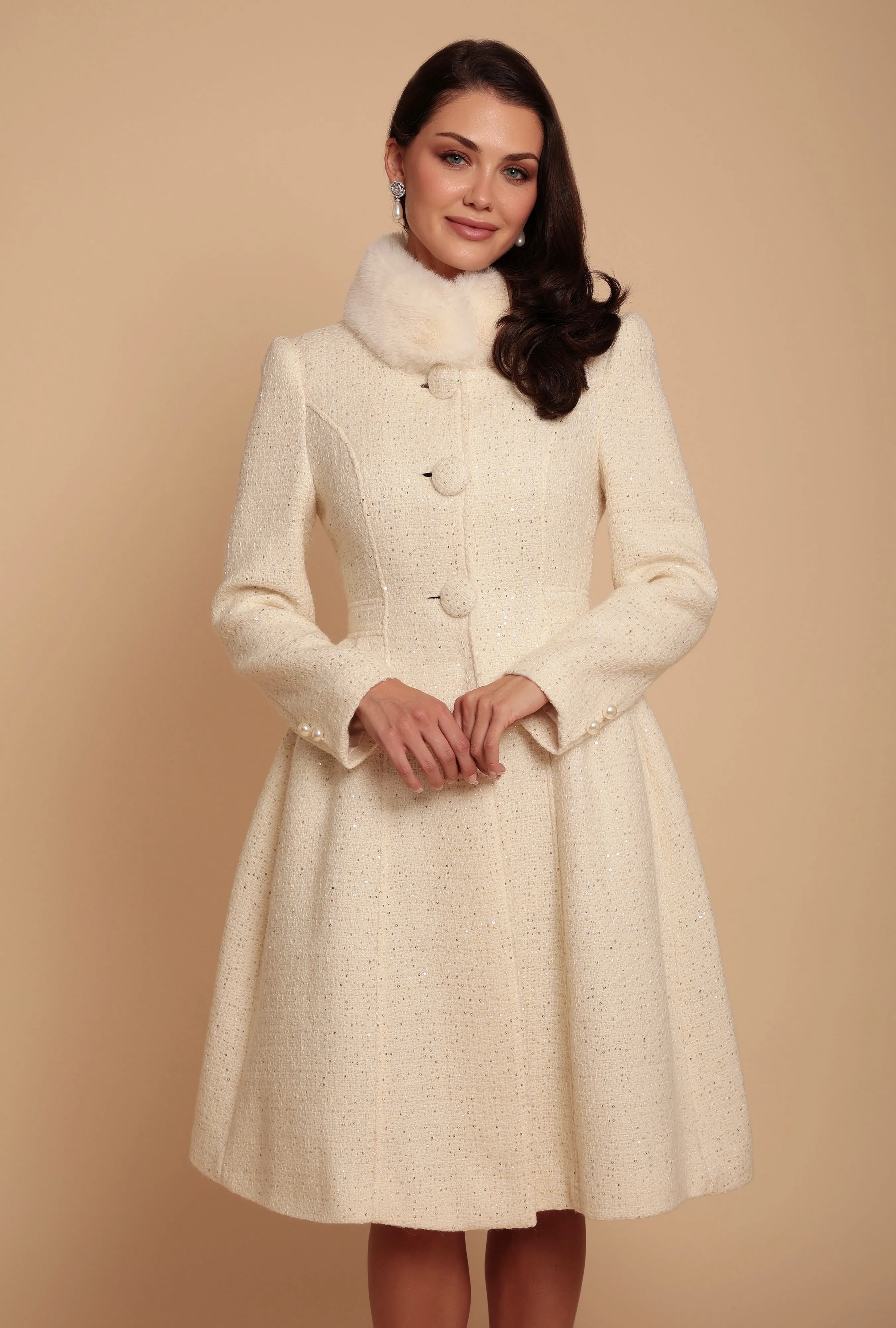 'Starlet' Wool Tweed Dress Coat with Faux Fur in Crema