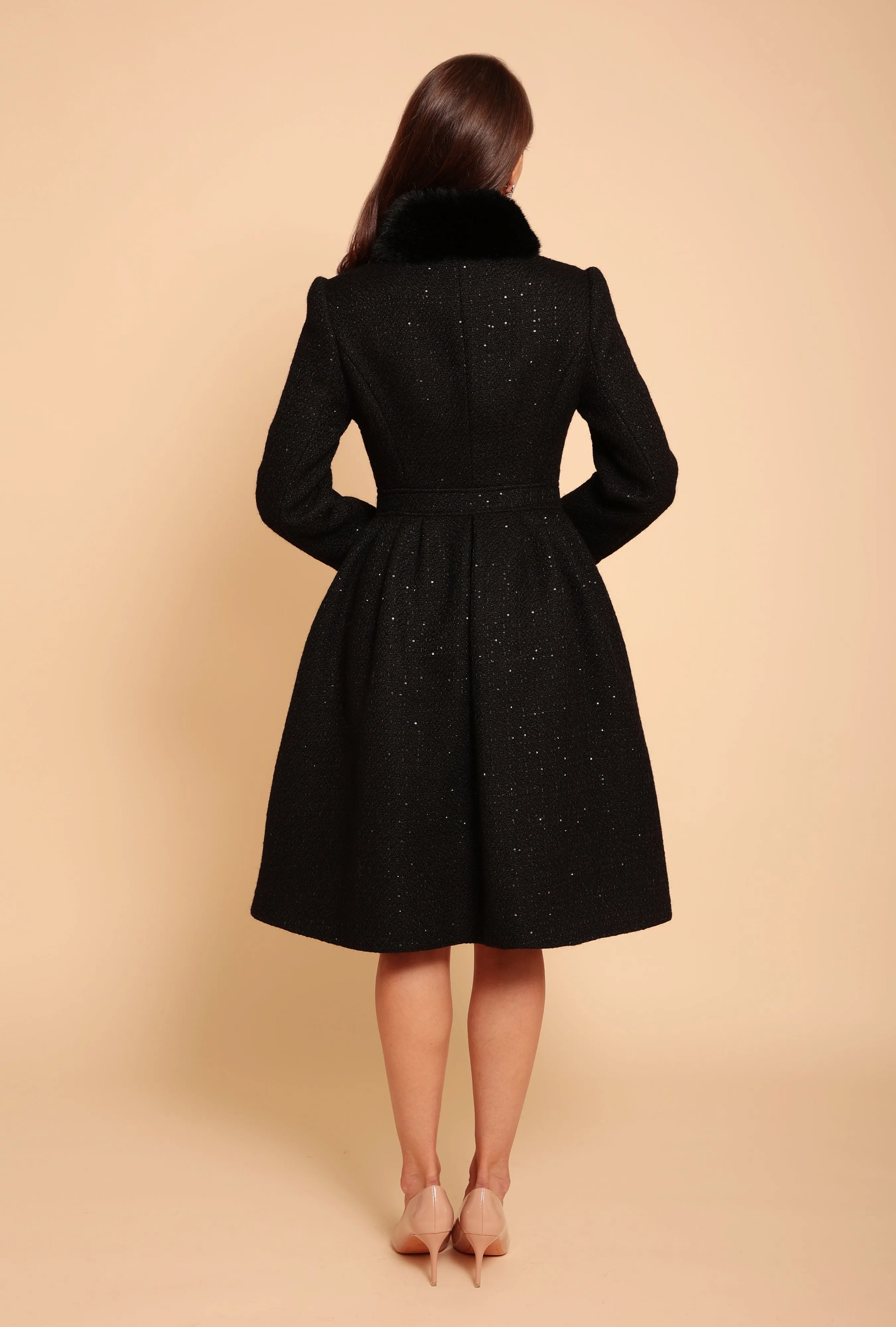 'Starlet' Wool Tweed Dress Coat with Faux Fur in Nero