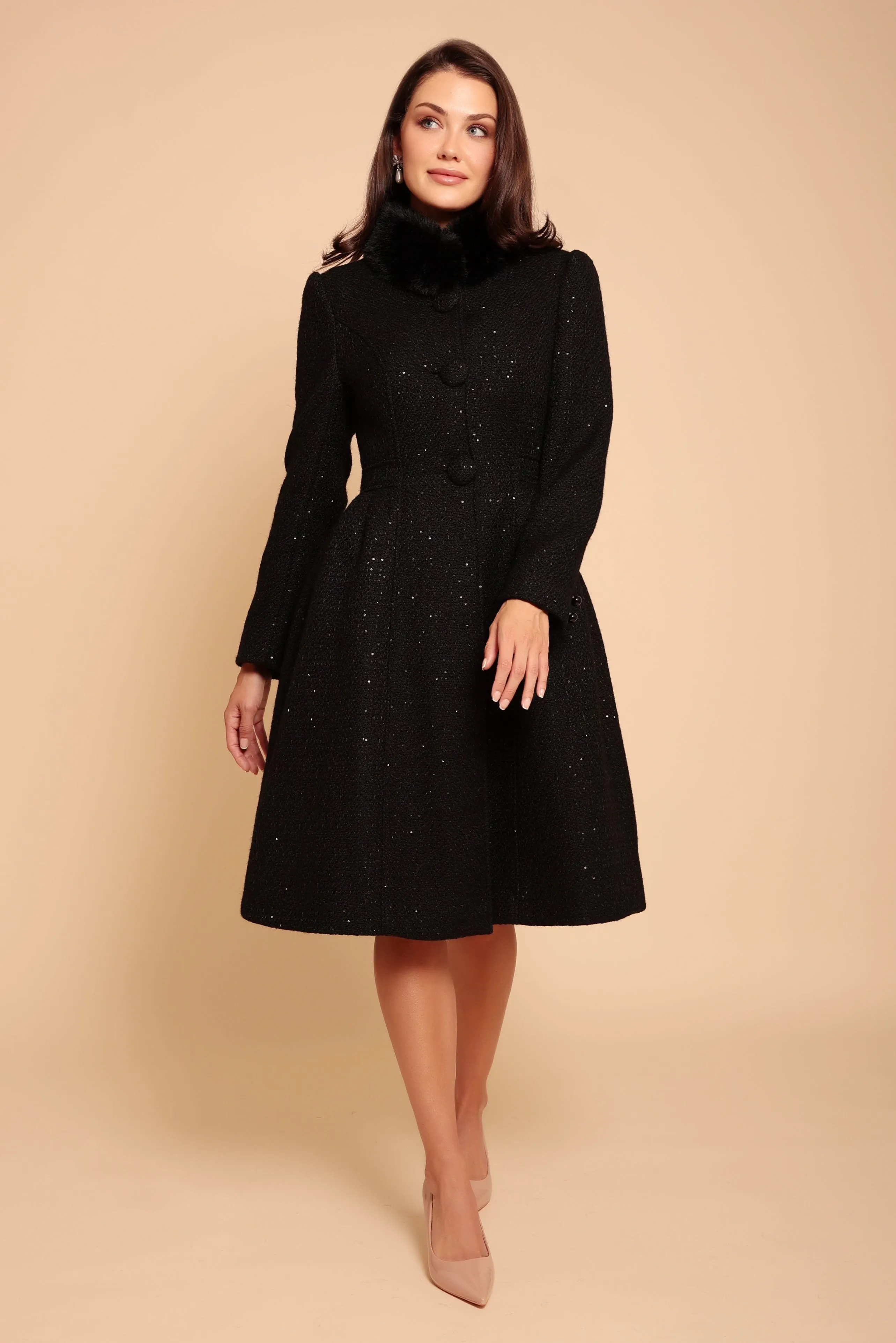 'Starlet' Wool Tweed Dress Coat with Faux Fur in Nero