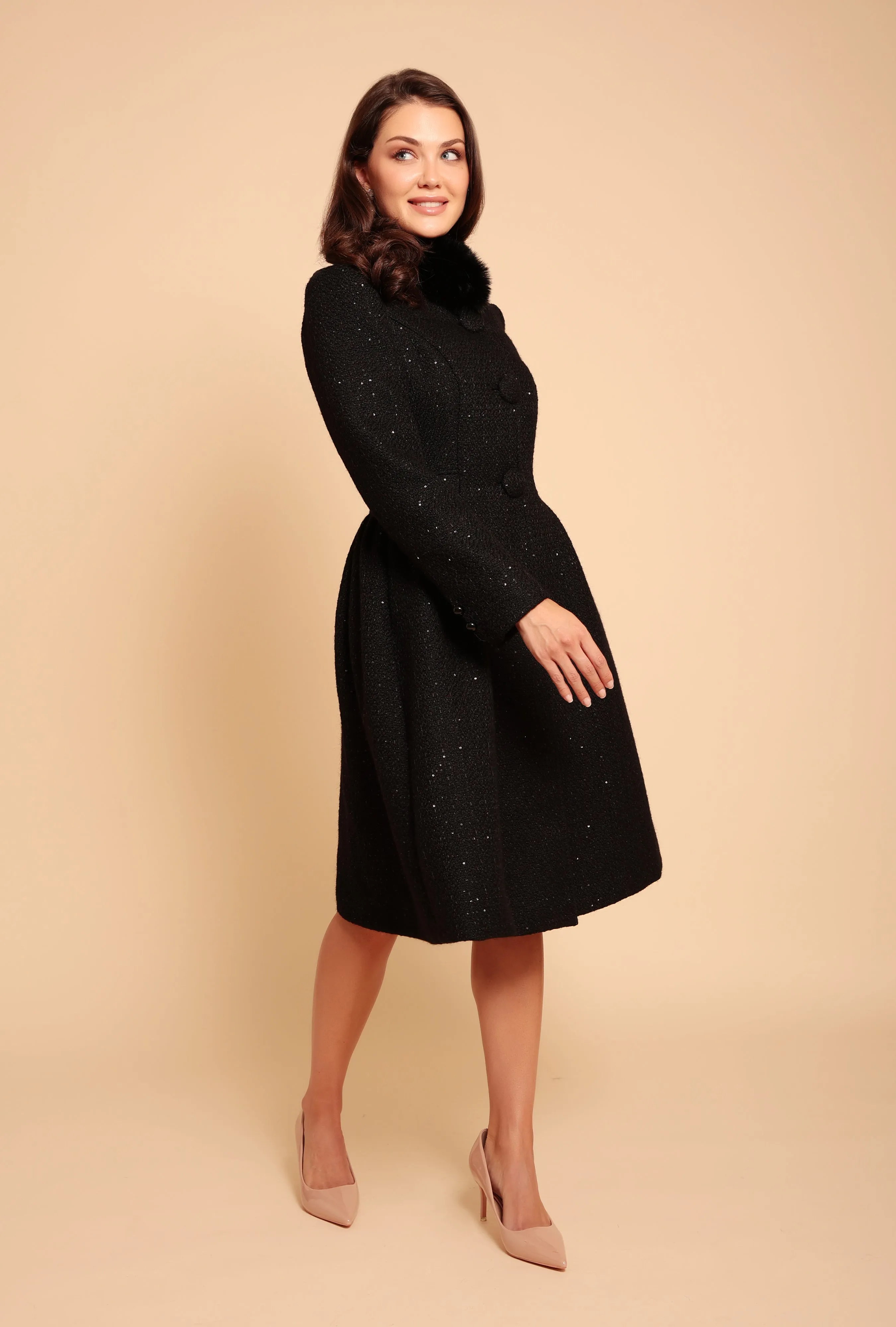 'Starlet' Wool Tweed Dress Coat with Faux Fur in Nero