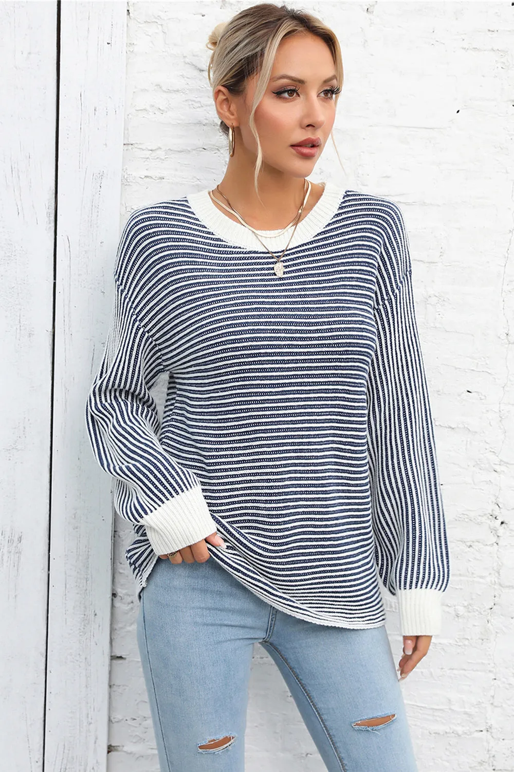 Striped Round Neck Long Sleeve Knit Top