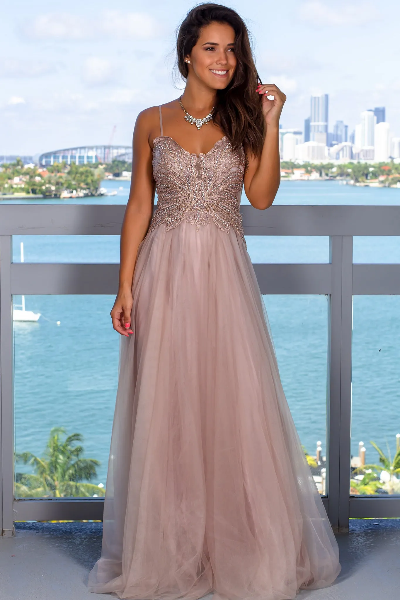 Taupe Maxi Dress with Jewels