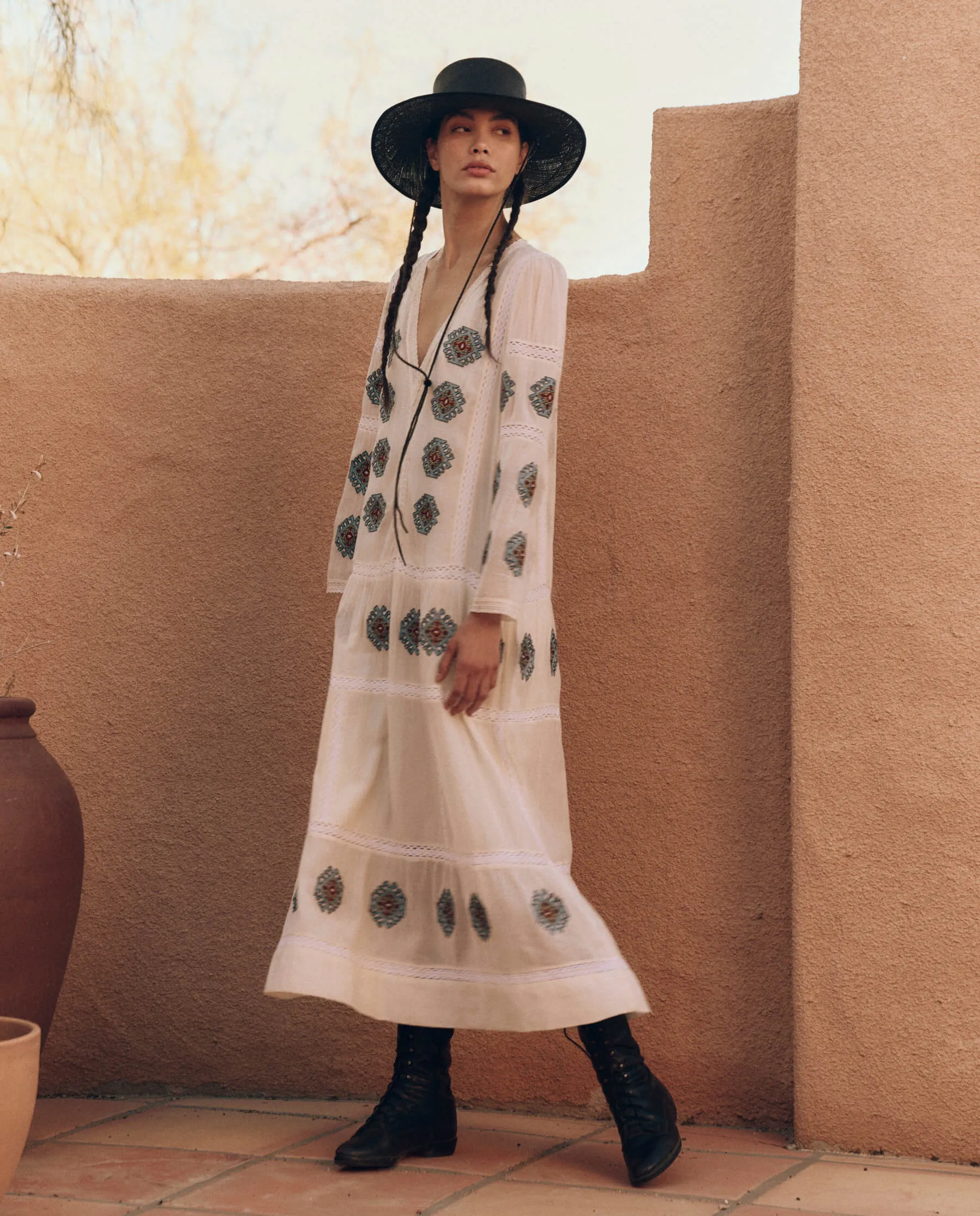 The Taos Dress with Folklore Embroidery. -- Cream