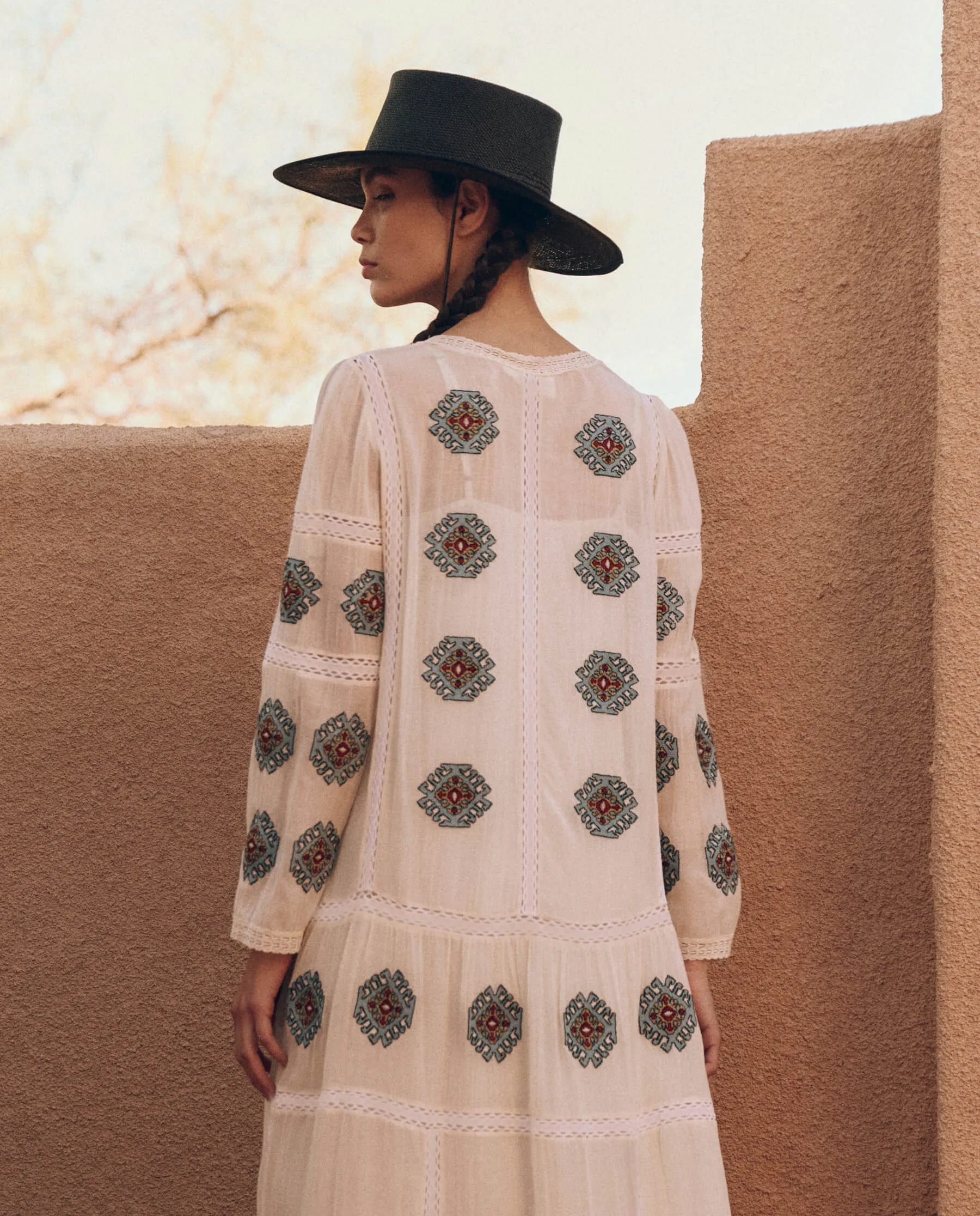 The Taos Dress with Folklore Embroidery. -- Cream