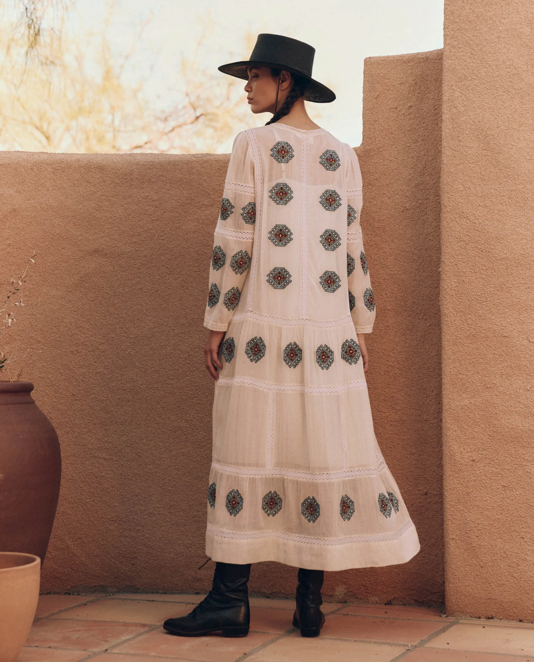 The Taos Dress with Folklore Embroidery. -- Cream