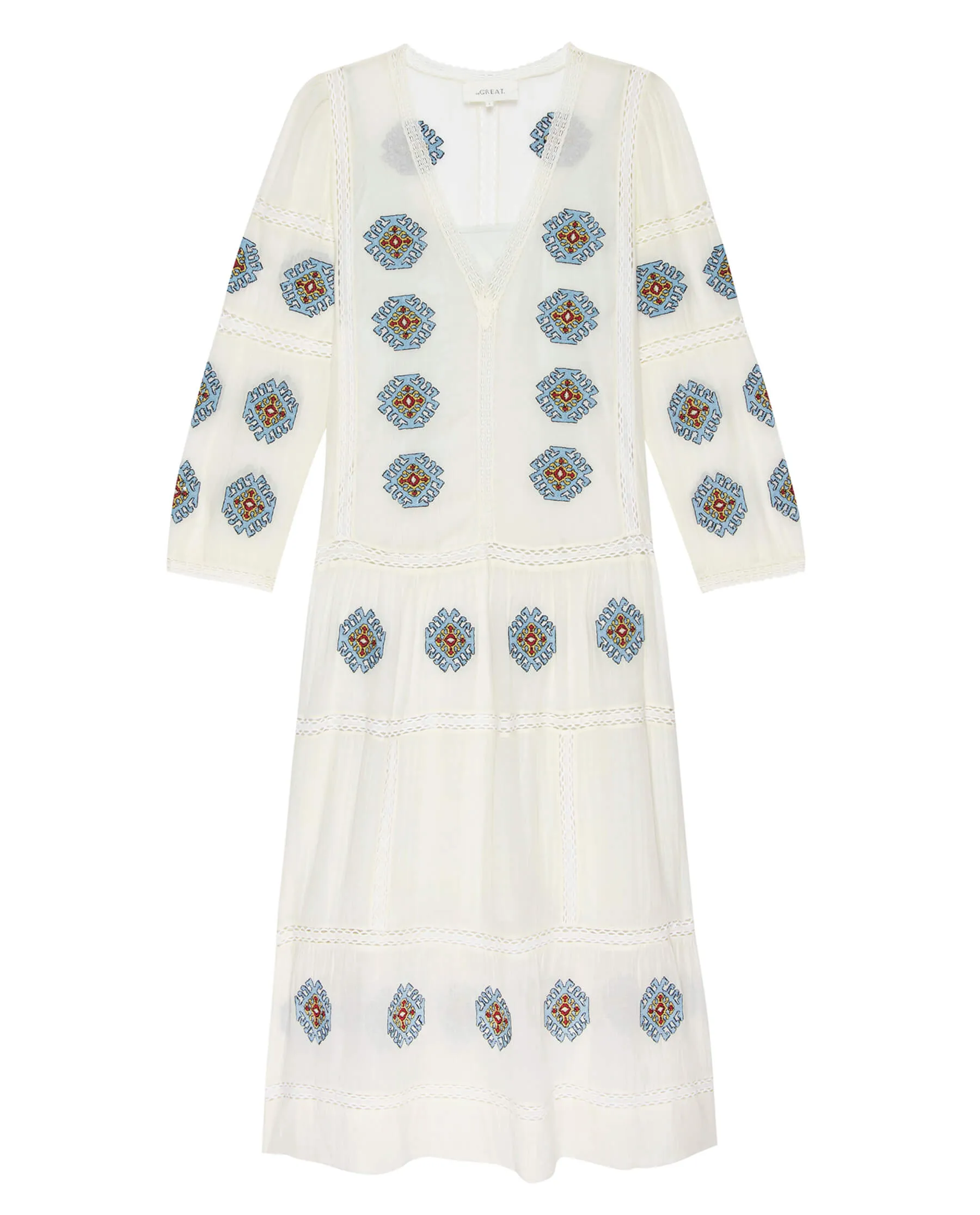 The Taos Dress with Folklore Embroidery. -- Cream