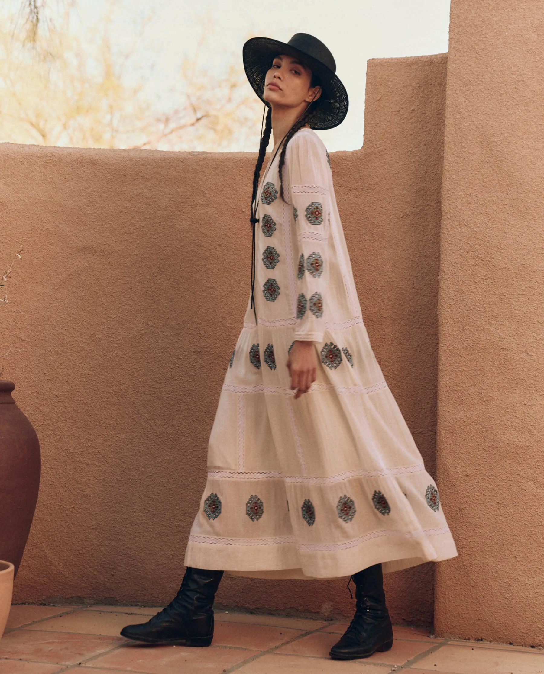 The Taos Dress with Folklore Embroidery. -- Cream