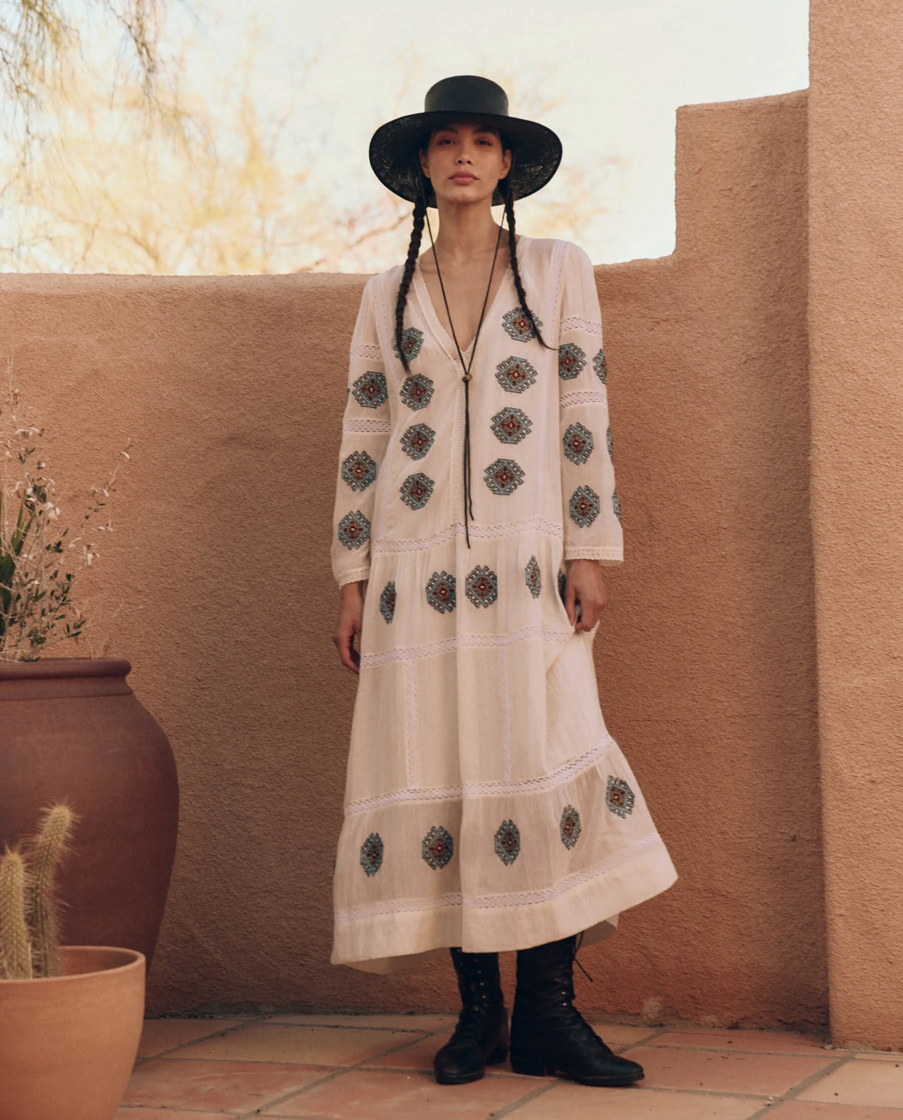 The Taos Dress with Folklore Embroidery. -- Cream