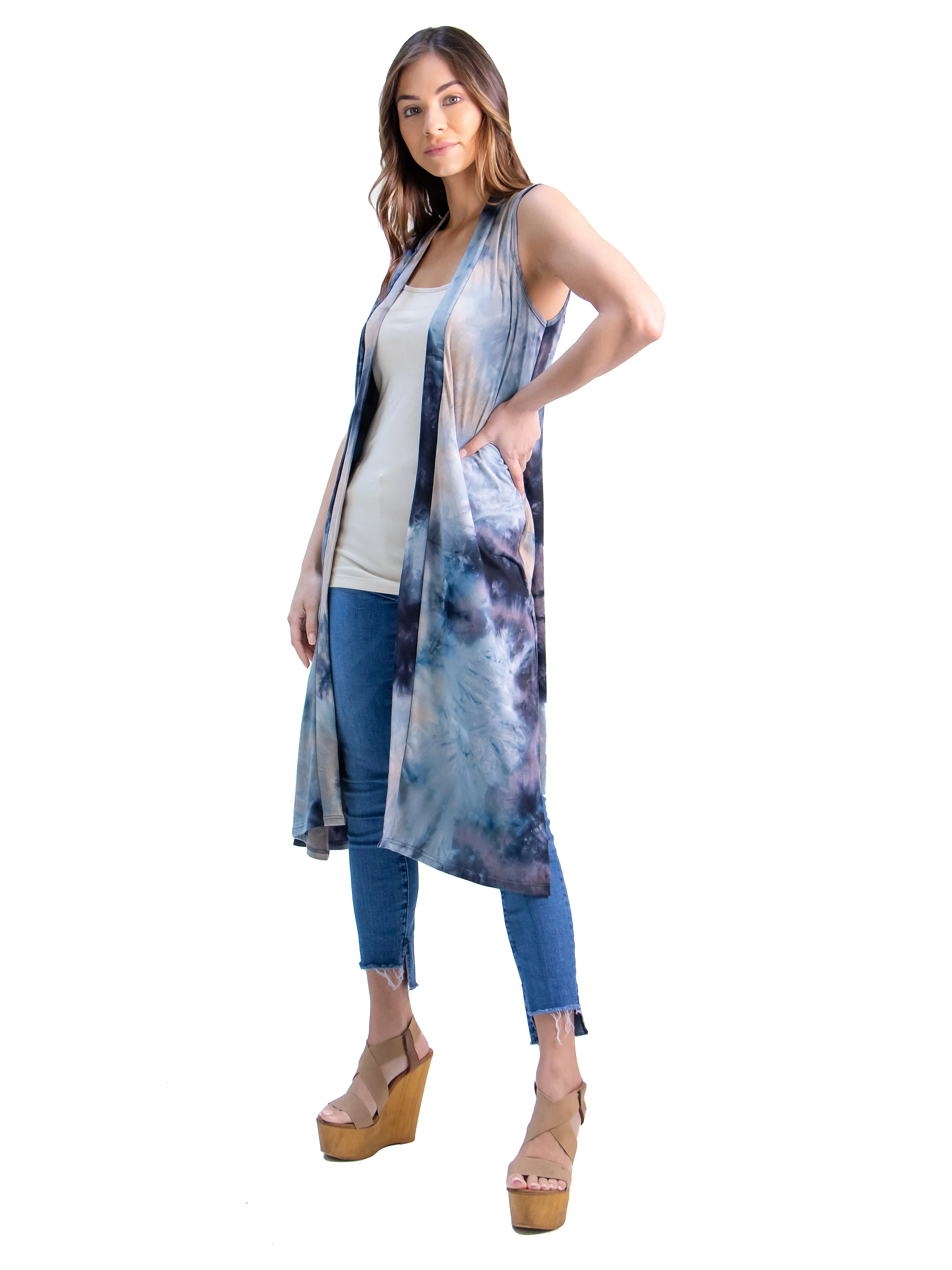 Tie Dye Sleeveless Open Front Cardigan Vest