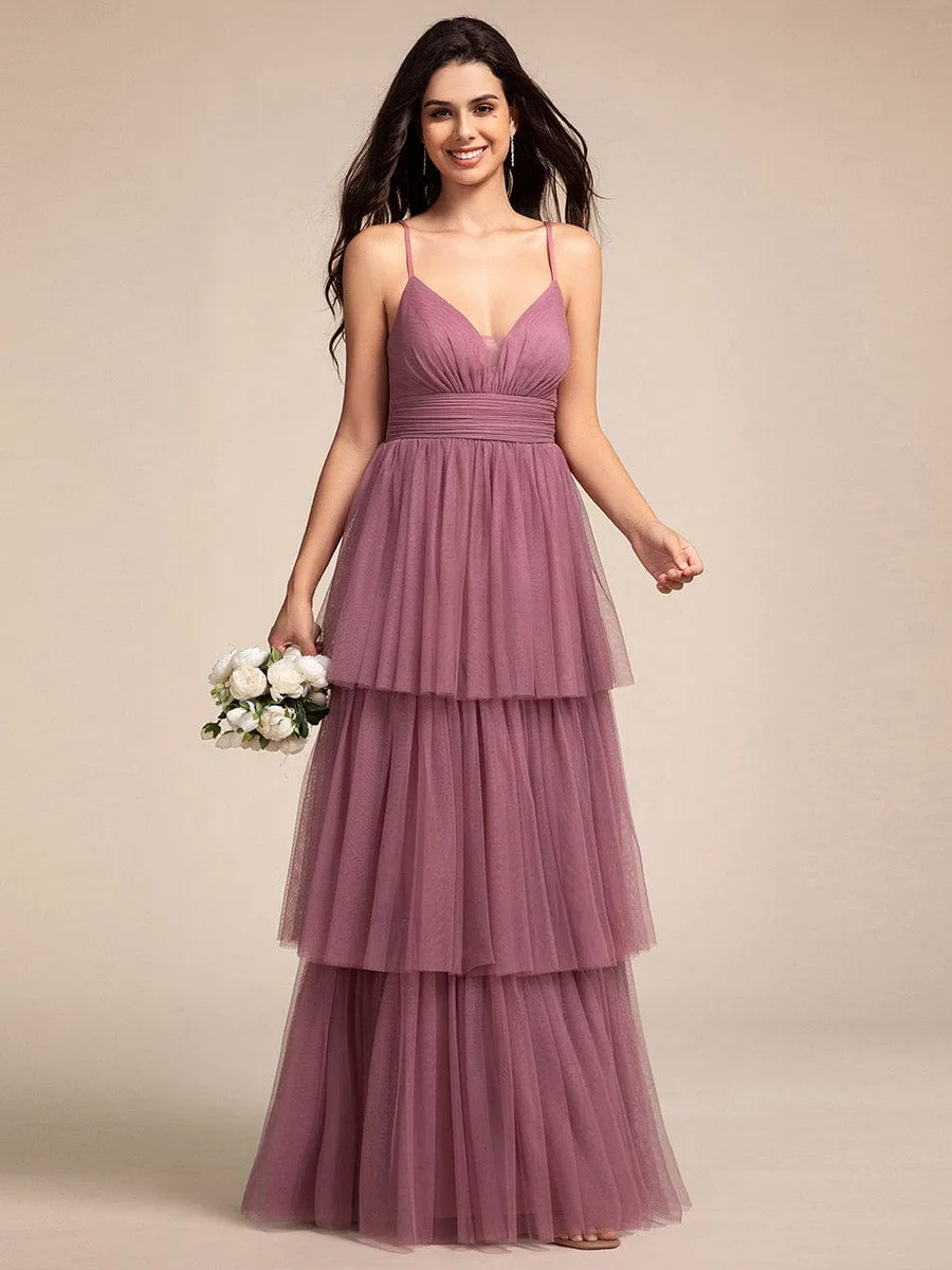 Tiered Spaghetti Strap Tulle Maxi Bridesmaid Dress