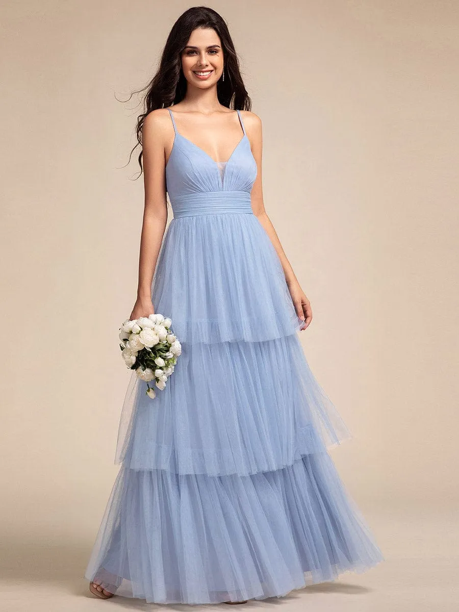 Tiered Spaghetti Strap Tulle Maxi Bridesmaid Dress