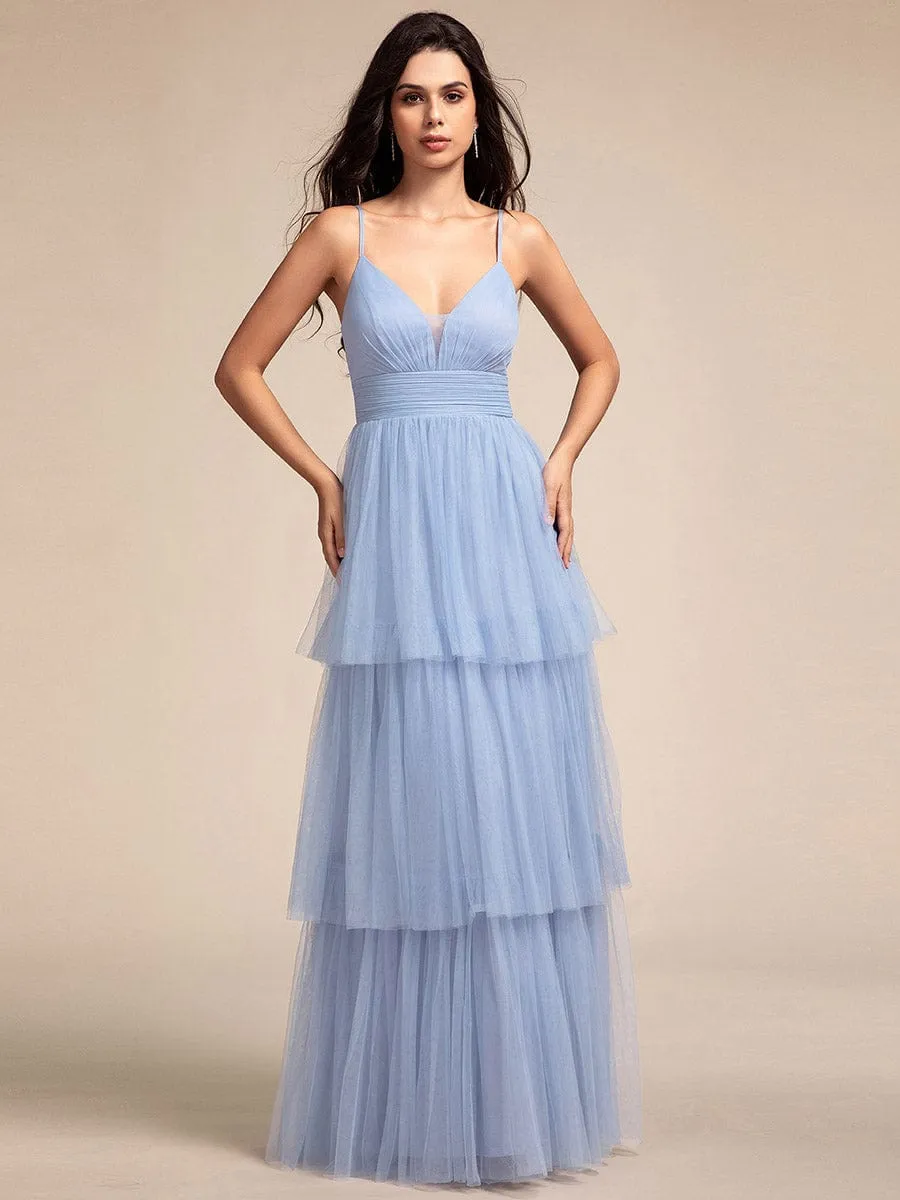 Tiered Spaghetti Strap Tulle Maxi Bridesmaid Dress