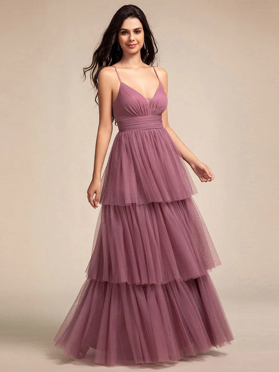 Tiered Spaghetti Strap Tulle Maxi Bridesmaid Dress