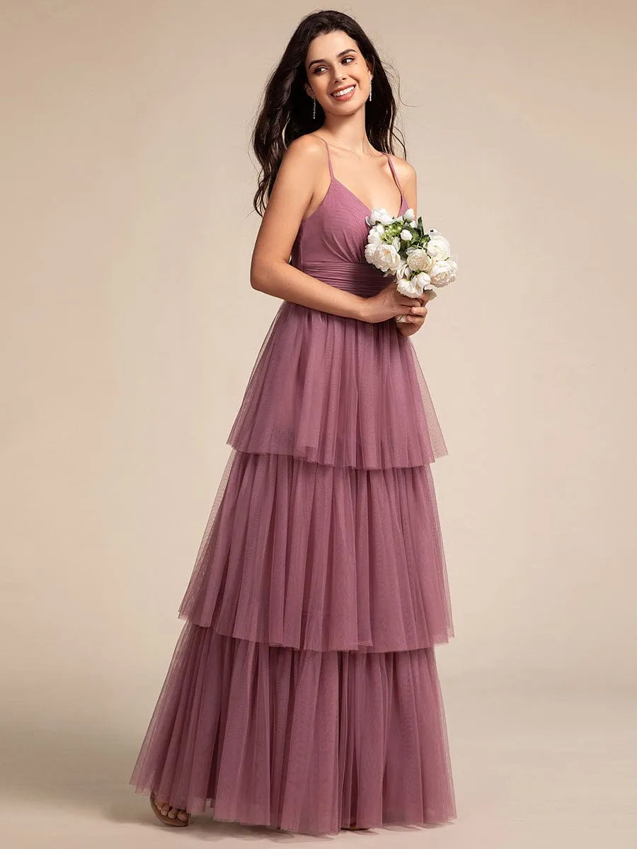 Tiered Spaghetti Strap Tulle Maxi Bridesmaid Dress