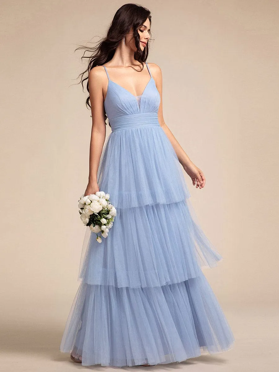 Tiered Spaghetti Strap Tulle Maxi Bridesmaid Dress