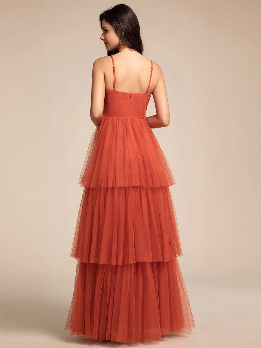 Tiered Spaghetti Strap Tulle Maxi Bridesmaid Dress