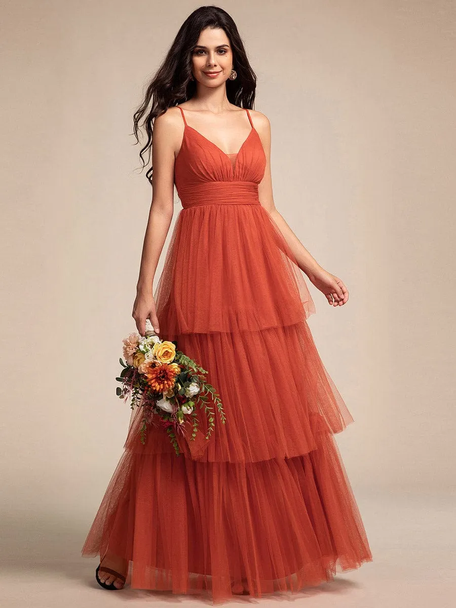 Tiered Spaghetti Strap Tulle Maxi Bridesmaid Dress