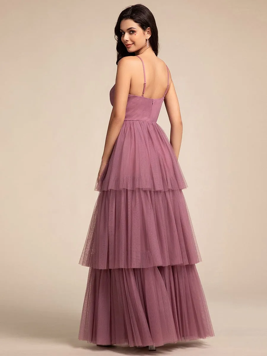 Tiered Spaghetti Strap Tulle Maxi Bridesmaid Dress