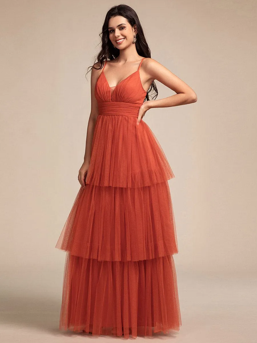 Tiered Spaghetti Strap Tulle Maxi Bridesmaid Dress