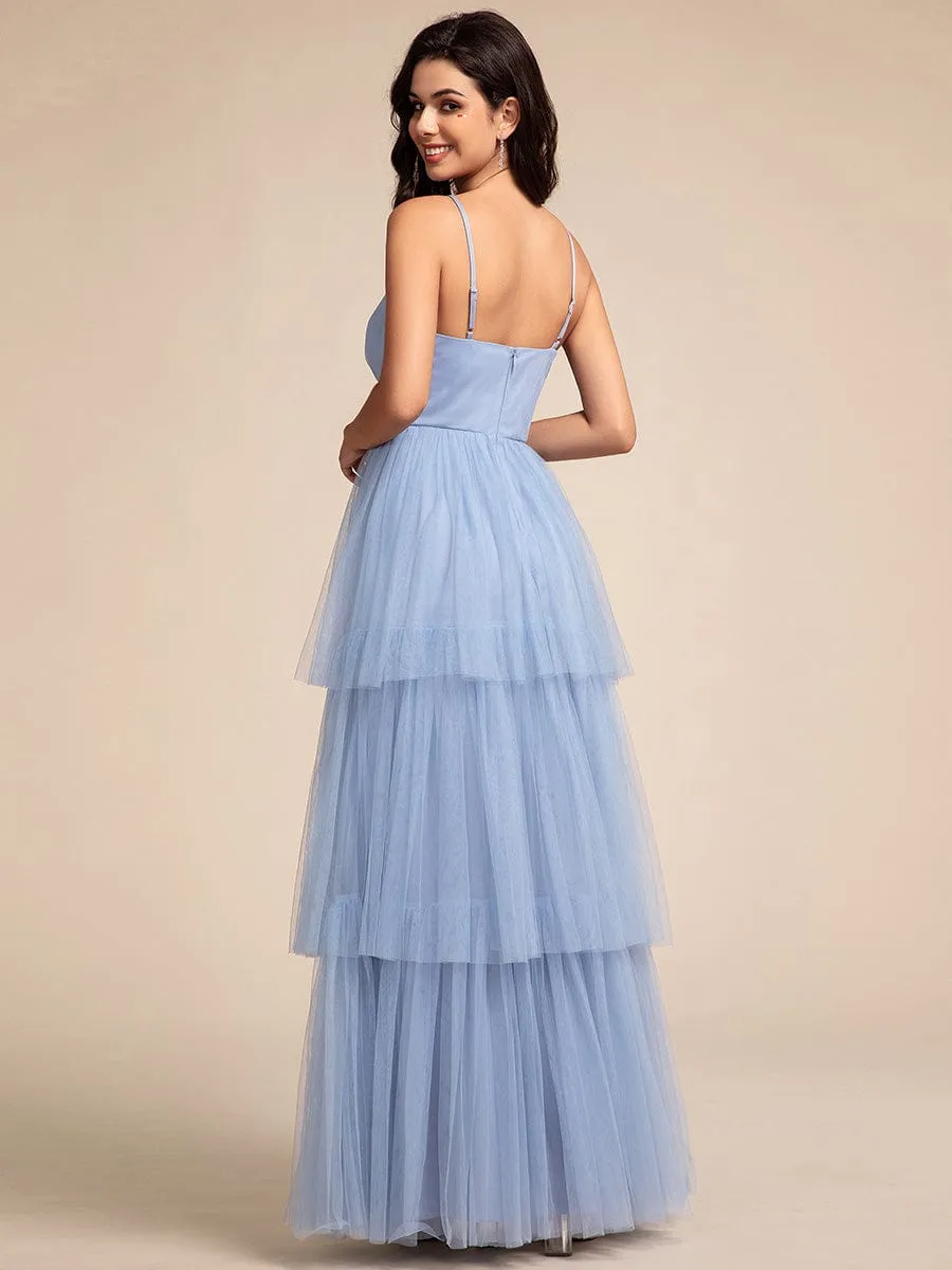 Tiered Spaghetti Strap Tulle Maxi Bridesmaid Dress